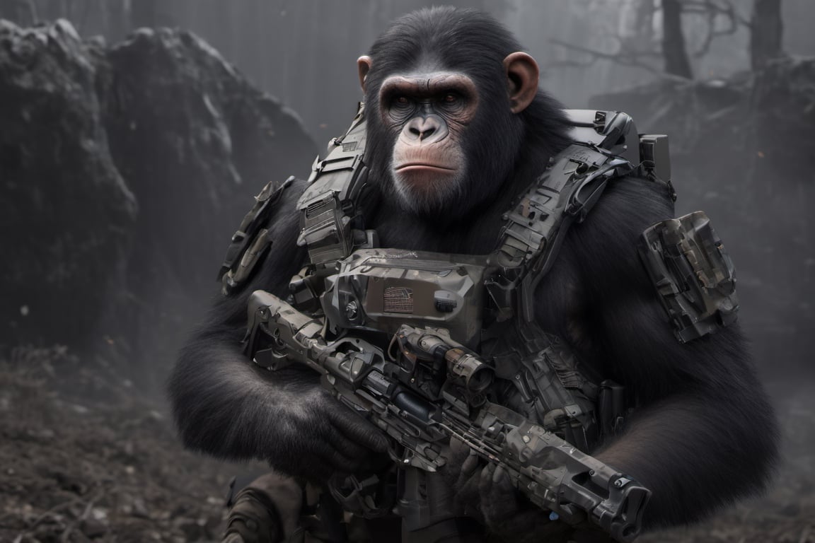 4K, 8K, masterpiece, perfect focus, in_focus, clear focus, best quality, insanely realistic, life like photo, photorealistic long shot of squad of apes futuristic guns raised escorting a sci-fi vehicle with light machine gun mounted on top in a jungle at night like in the movie act of valor, chimps shooting sci-fi guns, chimps aiming rifle, act of valor, genji armor, YAKEDA Full Protection Tactical Tank Top, bomb suit, flak jacket,  cloak, jungle camo armor pattern with neon orange  trim, soldier pants on chimps, aiming guns, firing guns, sci-fi open faced chimp helmet, chimps with cyberpunk headgear, full body armor, weapon master, sword in hand, sword neon glow, neon wrist weapons, bulky weathered space marine armor, perfect eyes, vengeful amber eyes, insanely detailed eyes, hyper realistic eyes, glassy eyes, 4k eyes, sci fi daggers on body, leader sword in hand, leader pistol in hand, leader shotgun, grenades, ultra detailed, flak armor, full body armor, super ripped chimps, huge muscles, neck protection armor, astronaut helmet on chimps, chimp with translucent visored helmet, sci fi helmets, tan weathered and ripped cloaks,  cyberpunk armor, enforcer armor,  full sci-fi plate armor, bandoliers, chimps throwing grenades, chimp raising fist, super muscular chimps, artificially enhanced chimps, intricately detailed guns, hyper detailed guns, intricately detailed weapon detail, guns shouldered, all faces hyper realistic, first two rows faces hyper realistic, Sci fi guns, grumpy gorilla, leader weapon in hand, warrior, warrior armor, leader weathered red matter power suit armor, leader bulky armor, leader detailed eyes, hyper detailed eyes, Extremely detailed face, movie quality face, with a gun, sci-fi armor, cyborg armor, Extremely detailed armor, cyberpunk gasmask, armor glowing trim, helmets, radiance, attack stance, combat stance, rifle, raised, pistol raised, random expression, Congo-apes, Billy ape, helmets with face, flak_jackets, juggernaut armor, enforcer, chest armor, chest armor, shin_ armor, battle belts, tools on belt, bandolier, modern body armor, tech gauntlet, wrist armor, weapons, weapons in hand, weapons on back, the end of humanity, hammers, perfect faces, interesting expressions, natural skin, textured skin, hyper detailed faces, Extremely detailed faces, pores, Extremely detailed weapons, Extremely detailed bodies, planet of the apes, HIGH resolution, SUPER resolution, HYPER resolution, HD resolution, BEAUTIFUL, neon signs, Extremely detailed fur, photorealistic fur, caesar from planet of the apes, Landskaper, Devasted landscape , Forest 