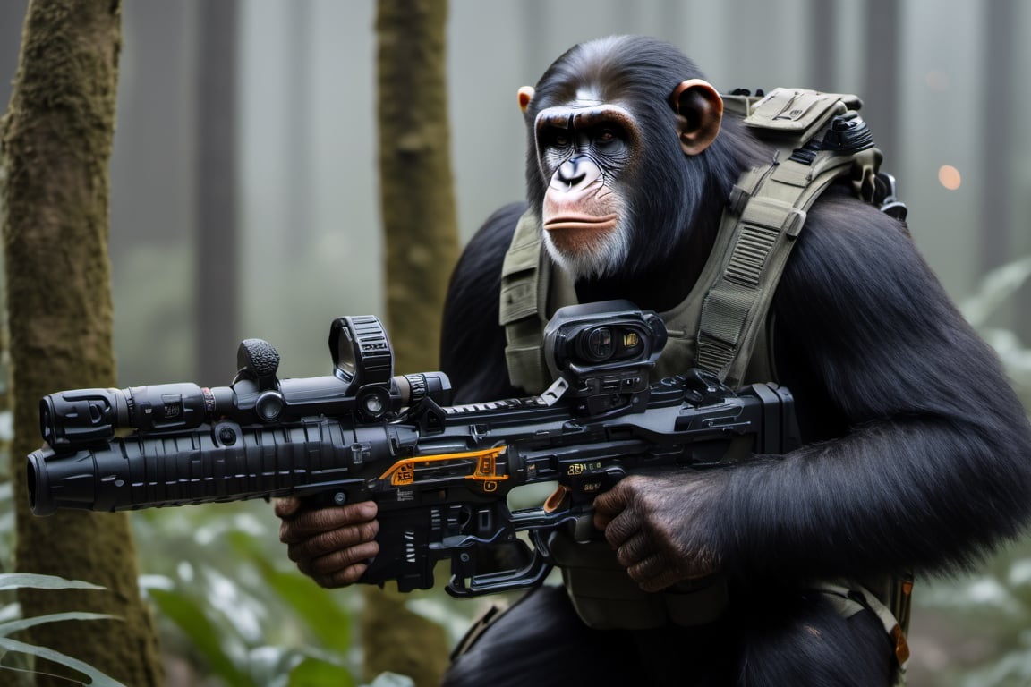 4K, 8K, masterpiece, perfect focus, in_focus, clear focus, best quality, dimly lit, cinematic lighting, perfect saturation, realistic shadows, realistic lighting, insanely realistic, life like photo, photorealistic long shot of squad of apes futuristic guns raised escorting a sci-fi vehicle with light machine gun mounted on top in a jungle at night like in the movie act of valor, chimps shooting sci-fi guns, chimps aiming rifle, act of valor, genji armor, YAKEDA Full Protection Tactical Tank Top, bomb suit, flak jacket,  cloak, jungle camo armor pattern with neon orange  trim, soldier pants on chimps, aiming guns, firing guns, sci-fi open faced chimp helmet, chimps with cyberpunk headgear, full body armor, weapon master, sword in hand, sword neon glow, neon wrist weapons, bulky weathered space marine armor, perfect eyes, vengeful amber eyes, insanely detailed eyes, hyper realistic eyes, glassy eyes, 4k eyes, sci fi daggers on body, leader sword in hand, leader pistol in hand, leader shotgun, grenades, ultra detailed, flak armor, full body armor, super ripped chimps, huge muscles, neck protection armor, astronaut helmet on chimps, chimp with translucent visored helmet, sci fi helmets, tan weathered and ripped cloaks,  cyberpunk armor, enforcer armor, full sci-fi plate armor, bandoliers, chimps throwing grenades, chimp raising fist, super muscular chimps, artificially enhanced chimps, hyper detailed guns,, guns shouldered, all faces hyper realistic, first two rows faces hyper realistic, Sci fi guns, grumpy gorilla, leader weapon in hand, warrior, warrior armor, leader weathered red matter power suit armor, leader bulky armor, leader detailed eyes, hyper detailed eyes, Extremely detailed face, movie quality face, with a gun, sci-fi armor, cyborg armor, Extremely detailed armor, cyberpunk gasmask, armor glowing trim, helmets, attack stance, combat stance, rifle, raised, pistol raised, random expression, Congo-apes, Billy ape, helmets with face, flak_jackets, juggernaut armor, enforcer, chest armor, chest armor, shin_ armor, battle belts, tools on belt, bandolier, modern body armor, tech gauntlet, wrist armor, weapons, weapons in hand, weapons on back, the end of humanity, hammers, perfect faces, interesting expressions, natural skin, textured skin, hyper detailed faces, Extremely detailed faces, pores, Extremely detailed weapons, Extremely detailed bodies, planet of the apes, HIGH resolution, SUPER resolution, HYPER resolution, HD resolution, BEAUTIFUL, neon signs, Extremely detailed fur, photorealistic fur, caesar from planet of the apes, Landskaper, soft lighting, soft, Devasted landscape, Forest 