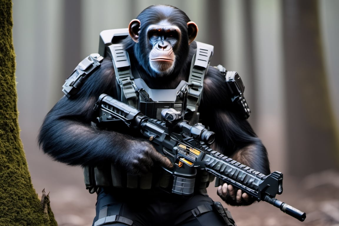 4K, 8K, masterpiece, perfect focus, in_focus, clear focus, best quality, insanely realistic, life like photo, photorealistic long shot of squad of apes futuristic guns raised escorting a sci-fi vehicle with light machine gun mounted on top in a jungle at night like in the movie act of valor, chimps shooting sci-fi guns, chimps aiming rifle, act of valor, genji armor, YAKEDA Full Protection Tactical Tank Top, bomb suit, flak jacket,  cloak, jungle camo armor pattern with neon orange  trim, soldier pants on chimps, aiming guns, firing guns, sci-fi open faced chimp helmet, chimps with cyberpunk headgear, full body armor, weapon master, sword in hand, sword neon glow, neon wrist weapons, bulky weathered space marine armor, perfect eyes, vengeful amber eyes, insanely detailed eyes, hyper realistic eyes, glassy eyes, 4k eyes, sci fi daggers on body, leader sword in hand, leader pistol in hand, leader shotgun, grenades, ultra detailed, flak armor, full body armor, super ripped chimps, huge muscles, neck protection armor, astronaut helmet on chimps, chimp with translucent visored helmet, sci fi helmets, tan weathered and ripped cloaks,  cyberpunk armor, enforcer armor, full sci-fi plate armor, bandoliers, chimps throwing grenades, chimp raising fist, super muscular chimps, artificially enhanced chimps, hyper detailed guns,, guns shouldered, all faces hyper realistic, first two rows faces hyper realistic, Sci fi guns, grumpy gorilla, leader weapon in hand, warrior, warrior armor, leader weathered red matter power suit armor, leader bulky armor, leader detailed eyes, hyper detailed eyes, Extremely detailed face, movie quality face, with a gun, sci-fi armor, cyborg armor, Extremely detailed armor, cyberpunk gasmask, armor glowing trim, helmets, attack stance, combat stance, rifle, raised, pistol raised, random expression, Congo-apes, Billy ape, helmets with face, flak_jackets, juggernaut armor, enforcer, chest armor, chest armor, shin_ armor, battle belts, tools on belt, bandolier, modern body armor, tech gauntlet, wrist armor, weapons, weapons in hand, weapons on back, the end of humanity, hammers, perfect faces, interesting expressions, natural skin, textured skin, hyper detailed faces, Extremely detailed faces, pores, Extremely detailed weapons, Extremely detailed bodies, planet of the apes, HIGH resolution, SUPER resolution, HYPER resolution, HD resolution, BEAUTIFUL, neon signs, Extremely detailed fur, photorealistic fur, caesar from planet of the apes, Landskaper, Devasted landscape, Forest 