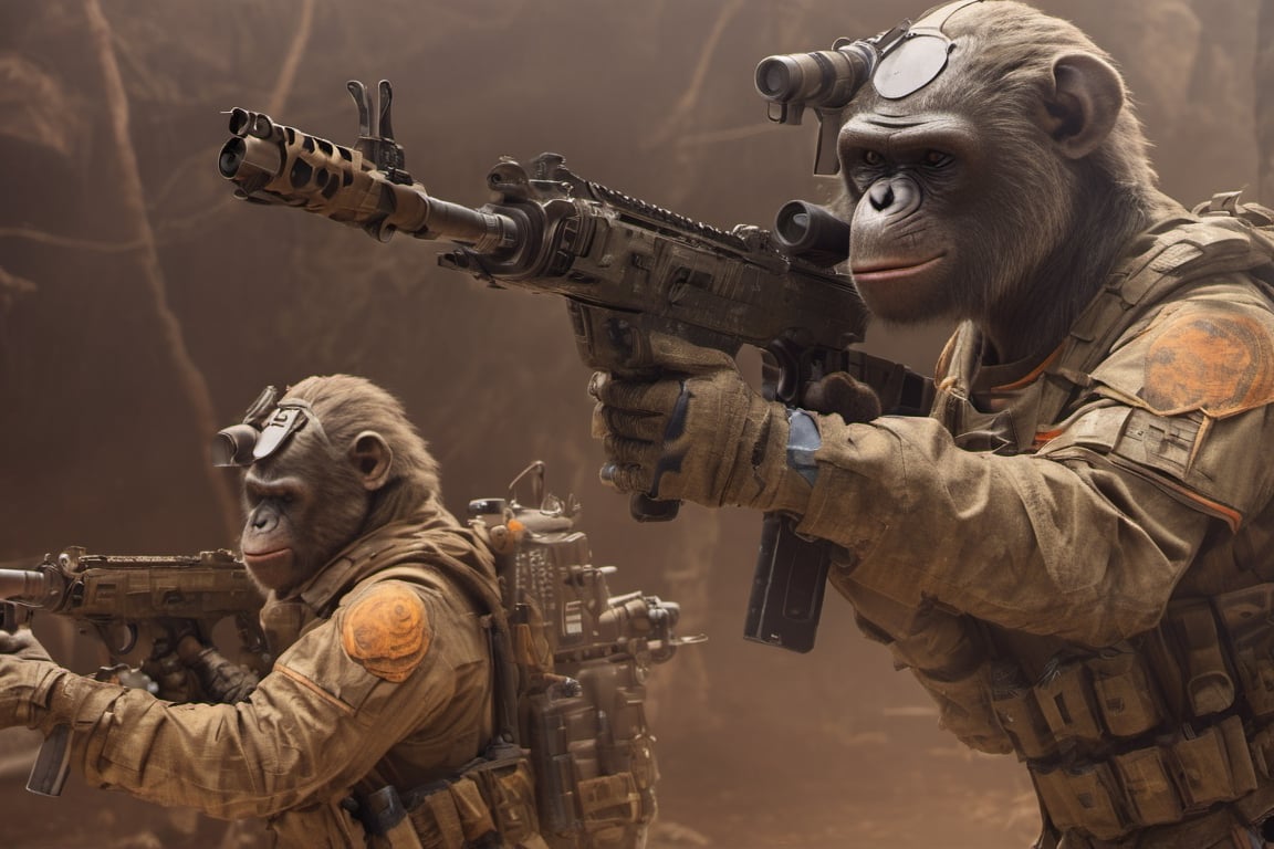 4K, 8K, masterpiece, perfect focus, in_focus, clear focus, best quality, insanely realistic, life like photo, photorealistic long shot of squad of apes futuristic guns raised escorting a sci-fi vehicle with light machine gun mounted on top in a jungle at night like in the movie act of valor, chimps shooting sci-fi guns, chimps aiming rifle, act of valor, genji armor, YAKEDA Full Protection Tactical Tank Top, bomb suit, flak jacket,  cloak, jungle camo armor pattern with neon orange  trim, soldier pants on chimps, aiming guns, firing guns, sci-fi open faced chimp helmet, chimps with cyberpunk headgear, full body armor, weapon master, sword in hand, sword neon glow, neon wrist weapons, bulky weathered space marine armor, perfect eyes, vengeful amber eyes, insanely detailed eyes, hyper realistic eyes, glassy eyes, 4k eyes, sci fi daggers on body, leader sword in hand, leader pistol in hand, leader shotgun, grenades, ultra detailed, flak armor, full body armor, super ripped chimps, huge muscles, neck protection armor, astronaut helmet on chimps, chimp with translucent visored helmet, sci fi helmets, tan weathered and ripped cloaks,  cyberpunk armor, enforcer armor,  full sci-fi plate armor, bandoliers, chimps throwing grenades, chimp raising fist, super muscular chimps, artificially enhanced chimps, intricately detailed guns, hyper detailed guns, intricately detailed weapon detail, guns shouldered, all faces hyper realistic, first two rows faces hyper realistic, Sci fi guns, grumpy gorilla, leader weapon in hand, warrior, warrior armor, leader weathered red matter power suit armor, leader bulky armor, leader detailed eyes, hyper detailed eyes, Extremely detailed face, movie quality face, with a gun, sci-fi armor, cyborg armor, Extremely detailed armor, cyberpunk gasmask, armor glowing trim, helmets, radiance, attack stance, combat stance, rifle, raised, pistol raised, random expression, Congo-apes, Billy ape, helmets with face, flak_jackets, juggernaut armor, enforcer, chest armor, chest armor, shin_ armor, battle belts, tools on belt, bandolier, modern body armor, tech gauntlet, wrist armor, weapons, weapons in hand, weapons on back, the end of humanity, hammers, perfect faces, interesting expressions, natural skin, textured skin, hyper detailed faces, Extremely detailed faces, pores, Extremely detailed weapons, Extremely detailed bodies, planet of the apes, HIGH resolution, SUPER resolution, HYPER resolution, HD resolution, BEAUTIFUL, neon signs, Extremely detailed fur, photorealistic fur, caesar from planet of the apes, Landskaper, Devasted landscape , Forest 