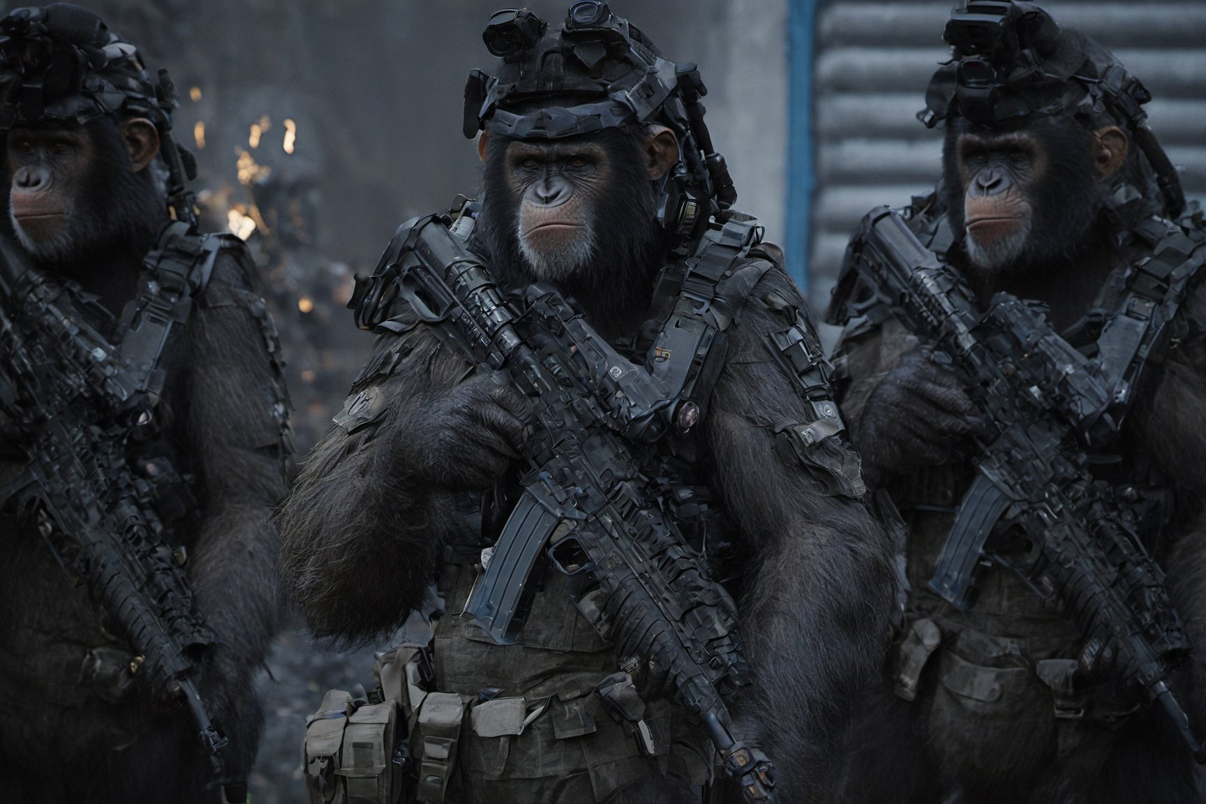 4K, 8K, masterpiece, perfect focus, in_focus, nightime,  clear focus, best quality, dimly lit, cinematic lighting, insanely realistic, life like photo, photorealistic long shot of squad of apes futuristic guns raised escorting a sci-fi vehicle with light machine gun mounted on top in a jungle on fire at night like in the movie act of valor, chimps shooting sci-fi guns, chimps aiming rifle, act of valor, genji armor, YAKEDA Full Protection Tactical Tank Top, bomb suit, flak jacket,  cloak, jungle camo armor pattern with neon orange  trim, soldier pants on chimps, aiming guns, firing guns, sci-fi open faced chimp helmet, chimps with cyberpunk headgear, full body armor, weapon master, sword in hand, sword neon glow, neon wrist weapons, bulky weathered space marine armor, perfect eyes, vengeful amber eyes, insanely detailed eyes, hyper realistic eyes, glassy eyes, 4k eyes, sci fi daggers on body, leader sword in hand, leader pistol in hand, leader shotgun, grenades, ultra detailed, flak armor, full body armor, super ripped chimps, huge muscles, neck protection armor, astronaut helmet on chimps, chimp with translucent visored helmet, sci fi helmets, tan weathered and ripped cloaks,  cyberpunk armor, enforcer armor, full sci-fi plate armor, bandoliers, chimps throwing grenades, chimp raising fist, super muscular chimps, artificially enhanced chimps, hyper detailed guns,, guns shouldered, all faces hyper realistic, first two rows faces hyper realistic, Sci fi guns, grumpy gorilla, leader weapon in hand, warrior, warrior armor, leader weathered red matter power suit armor, leader bulky armor, leader detailed eyes, hyper detailed eyes, Extremely detailed face, movie quality face, with a gun, sci-fi armor, cyborg armor, Extremely detailed armor, cyberpunk gasmask, armor glowing trim, helmets, attack stance, combat stance, rifle, raised, pistol raised, random expression, Congo-apes, Billy ape, helmets with face, flak_jackets, juggernaut armor, enforcer, chest armor, chest armor, shin_ armor, battle belts, tools on belt, bandolier, modern body armor, tech gauntlet, wrist armor, weapons, weapons in hand, weapons on back, the end of humanity, hammers, perfect faces, interesting expressions, natural skin, textured skin, hyper detailed faces, Extremely detailed faces, pores, Extremely detailed weapons, Extremely detailed bodies, planet of the apes, HIGH resolution, SUPER resolution, HYPER resolution, HD resolution, BEAUTIFUL, neon signs, Extremely detailed fur, photorealistic fur, caesar from planet of the apes, Landskaper, Devasted landscape, Forest 