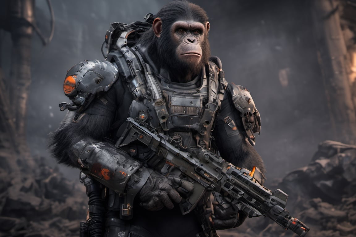 4K, 8K, masterpiece, perfect focus, in_focus, clear focus, best quality, insanely realistic, life like photo, long shot of squad of apes futuristic guns raised sneaking into a human base in a jungle at night like in the movie act of valor, chimps shooting sci-fi guns, chimps aiming rifle, act of valor, genji armor, YAKEDA Full Protection Tactical Tank Top, bomb suit, flak jacket,  cloak, jungle camo armor pattern with neon orange  trim, soldier pants on chimps, holding glowing lightning sword, aiming guns, firing guns, sci-fi open faced chimp helmet, chimps with cyberpunk headgear, full body armor, weapon master, sword in hand, sword neon glow, neon wrist weapons, bulky weathered space marine armor, perfect eyes, vengeful amber eyes, insanely detailed eyes, hyper realistic eyes, glassy eyes, 4k eyes, sci fi daggers on body, leader sword in hand, leader pistol in hand, leader shotgun, grenades, ultra detailed, flak armor, full body armor, super ripped chimps, huge muscles, neck protection armor, astronaut helmet on chimps, chimp with translucent visored helmet, sci fi helmets, tan weathered and ripped cloaks,  cyberpunk armor, enforcer armor,  full sci-fi plate armor, bandoliers, chimps throwing grenades, chimp raising fist, super muscular chimps, artificially enhanced chimps, intricately detailed guns, hyper detailed guns, intricately detailed weapon detail, guns shouldered, all faces hyper realistic, first two rows faces hyper realistic, Sci fi guns, grumpy gorilla, leader weapon in hand, warrior, warrior armor, leader weathered red matter power suit armor, leader bulky armor, leader detailed eyes, hyper detailed eyes, Extremely detailed face, movie quality face, with a gun, sci-fi armor, cyborg armor, Extremely detailed armor, cyberpunk gasmask, armor glowing trim, helmets, radiance, attack stance, combat stance, rifle, raised, pistol raised, random expression, Congo-apes, Billy ape, helmets with face, flak_jackets, juggernaut armor, enforcer, torches in hand, torches, cinematic fire, chest armor, chest armor, shin_ armor, battle belts, tools on belt, bandolier, modern body armor, tech gauntlet, wrist armor, weapons, weapons in hand, weapons on back, the end of humanity, hammers, perfect faces, interesting expressions, natural skin, textured skin, hyper detailed faces, Extremely detailed faces, pores, Extremely detailed weapons, Extremely detailed bodies, planet of the apes, HIGH resolution, SUPER resolution, HYPER resolution, HD resolution, BEAUTIFUL, neon signs, Extremely detailed fur, photorealistic fur, caesar from planet of the apes