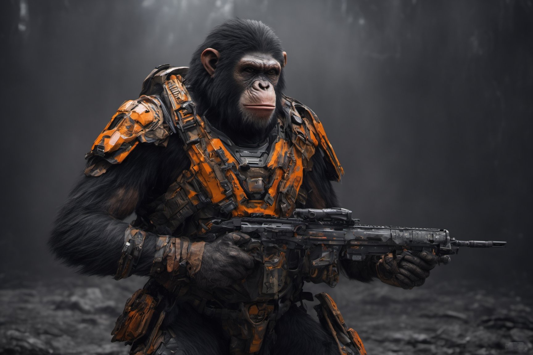 4K, 8K, masterpiece, perfect focus, in_focus, clear focus, best quality, insanely realistic, glowing eyes, life like photo, long shot of squad of apes futuristic guns raised sneaking into a human base in a jungle at night like in the movie act of valor, chimps shooting sci-fi guns, chimps aiming rifle, act of valor, genji armor, YAKEDA Full Protection Tactical Tank Top, bomb suit, flak jacket,  cloak, jungle camo armor pattern with neon orange  trim, soldier pants on chimps, holding glowing lightning sword, aiming guns, firing guns, sci-fi open faced chimp helmet, chimps with cyberpunk headgear, full body armor, weapon master, sword in hand, sword neon glow, neon wrist weapons, bulky weathered space marine armor, perfect eyes, vengeful amber eyes, insanely detailed eyes, hyper realistic eyes, glassy eyes, 4k eyes, sci fi daggers on body, leader sword in hand, leader pistol in hand, leader shotgun, grenades, ultra detailed, flak armor, full body armor, super ripped chimps, huge muscles, neck protection armor, astronaut helmet on chimps, chimp with translucent visored helmet, sci fi helmets, tan weathered and ripped cloaks,  cyberpunk armor, enforcer armor,  full sci-fi plate armor, bandoliers, chimps throwing grenades, chimp raising fist, super muscular chimps, artificially enhanced chimps, intricately detailed guns, hyper detailed guns, intricately detailed weapon detail, guns shouldered, all faces hyper realistic, first two rows faces hyper realistic, Sci fi guns, grumpy gorilla, leader weapon in hand, warrior, warrior armor, leader weathered red matter power suit armor, leader bulky armor, leader detailed eyes, hyper detailed eyes, Extremely detailed face, movie quality face, with a gun, sci-fi armor, cyborg armor, Extremely detailed armor, combat pants, cyberpunk gasmask, armor glowing trim, helmets, radiance, attack stance, combat stance, rifle, raised, pistol raised, random expression, Congo-apes, Billy ape, helmets with face, flak_jackets, juggernaut armor, enforcer, torches in hand, torches, cinematic fire, chest armor, chest armor, shin_ armor, battle belts, tools on belt, bandolier, modern body armor, tech gauntlet, wrist armor, weapons, weapons in hand, weapons on back, the end of humanity, hammers, perfect faces, interesting expressions, natural skin, textured skin, hyper detailed faces, Extremely detailed faces, pores, Extremely detailed weapons, Extremely detailed bodies, planet of the apes, HIGH resolution, SUPER resolution, HYPER resolution, HD resolution, BEAUTIFUL, neon signs, Extremely detailed fur, photorealistic fur, caesar from planet of the apes