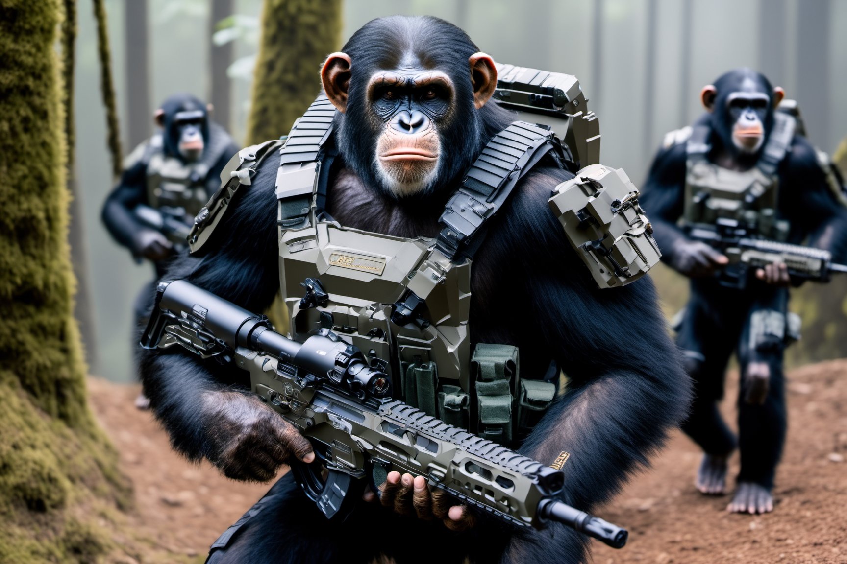 4K, 8K, masterpiece, perfect focus, in_focus, clear focus, best quality, insanely realistic, life like photo, photorealistic long shot of squad of apes futuristic guns raised escorting a sci-fi vehicle with light machine gun mounted on top in a jungle at night like in the movie act of valor, chimps shooting sci-fi guns, chimps aiming rifle, act of valor, genji armor, YAKEDA Full Protection Tactical Tank Top, bomb suit, flak jacket,  cloak, jungle camo armor pattern with neon orange  trim, soldier pants on chimps, aiming guns, firing guns, sci-fi open faced chimp helmet, chimps with cyberpunk headgear, full body armor, weapon master, sword in hand, sword neon glow, neon wrist weapons, bulky weathered space marine armor, perfect eyes, vengeful amber eyes, insanely detailed eyes, hyper realistic eyes, glassy eyes, 4k eyes, sci fi daggers on body, leader sword in hand, leader pistol in hand, leader shotgun, grenades, ultra detailed, flak armor, full body armor, super ripped chimps, huge muscles, neck protection armor, astronaut helmet on chimps, chimp with translucent visored helmet, sci fi helmets, tan weathered and ripped cloaks,  cyberpunk armor, enforcer armor, full sci-fi plate armor, bandoliers, chimps throwing grenades, chimp raising fist, super muscular chimps, artificially enhanced chimps, hyper detailed guns,, guns shouldered, all faces hyper realistic, first two rows faces hyper realistic, Sci fi guns, grumpy gorilla, leader weapon in hand, warrior, warrior armor, leader weathered red matter power suit armor, leader bulky armor, leader detailed eyes, hyper detailed eyes, Extremely detailed face, movie quality face, with a gun, sci-fi armor, cyborg armor, Extremely detailed armor, cyberpunk gasmask, armor glowing trim, helmets, attack stance, combat stance, rifle, raised, pistol raised, random expression, Congo-apes, Billy ape, helmets with face, flak_jackets, juggernaut armor, enforcer, chest armor, chest armor, shin_ armor, battle belts, tools on belt, bandolier, modern body armor, tech gauntlet, wrist armor, weapons, weapons in hand, weapons on back, the end of humanity, hammers, perfect faces, interesting expressions, natural skin, textured skin, hyper detailed faces, Extremely detailed faces, pores, Extremely detailed weapons, Extremely detailed bodies, planet of the apes, HIGH resolution, SUPER resolution, HYPER resolution, HD resolution, BEAUTIFUL, neon signs, Extremely detailed fur, photorealistic fur, caesar from planet of the apes, Landskaper, Devasted landscape, Forest 