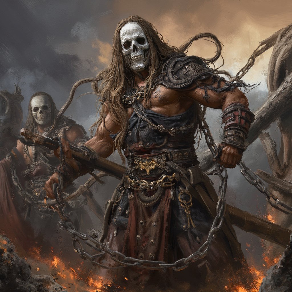 (masterpiece) strong muscle medieval warrior, skull face, long hair, breaking chains, log hair, medieval scene, battlefield scenary, fire and steel, manowar, Manowar style, manowar cover album,ghostrider, conan the Cimmerian, realistic