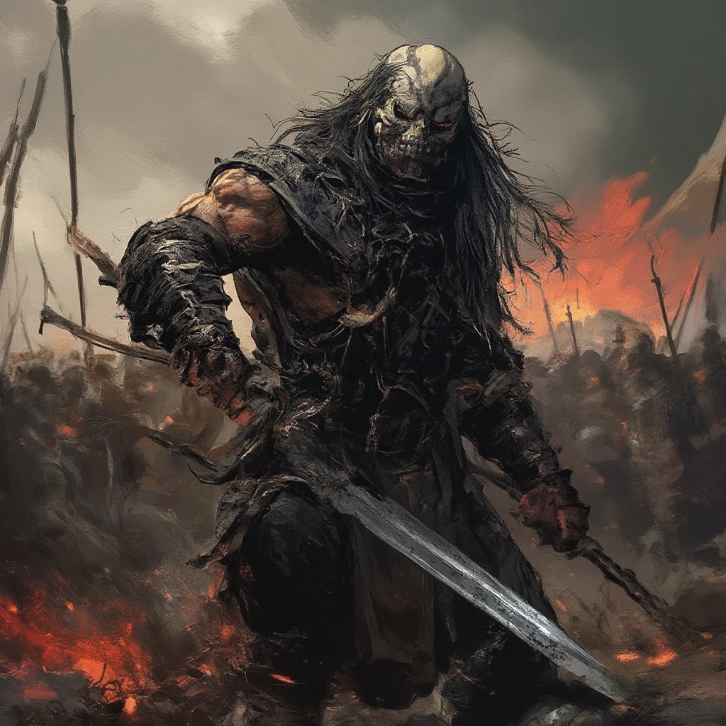 (masterpiece) strong muscle medieval warrior, skull face, long hair, breaking chains, log hair, medieval scene, battlefield scenary, fire and steel, manowar, Manowar style, manowar cover album,ghostrider, conan the Cimmerian, realistic