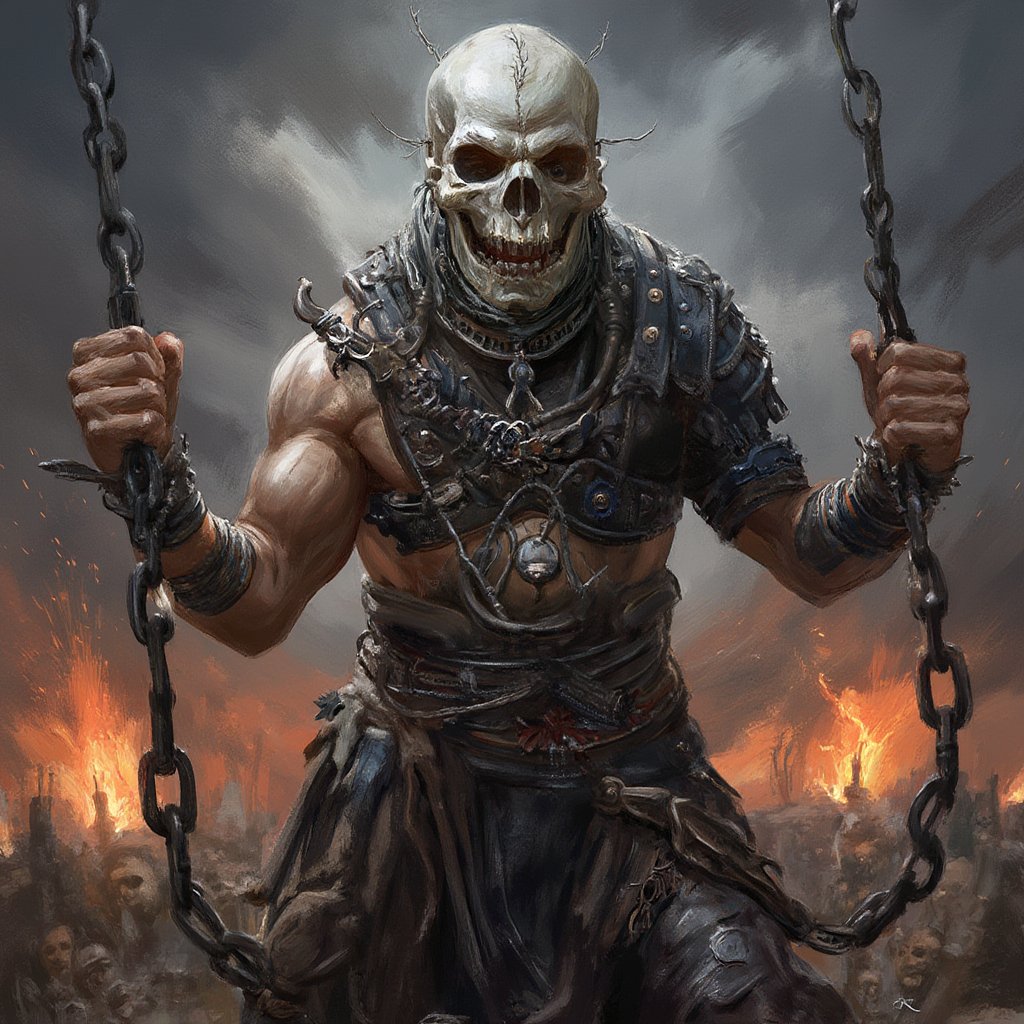 (masterpiece) strong muscle medieval warrior, skull face, breaking chains, log hair, medieval scene, battlefield scenary, fire and steel, manowar, Manowar style, manowar cover album,ghostrider, conan the Cimmerian, realistic