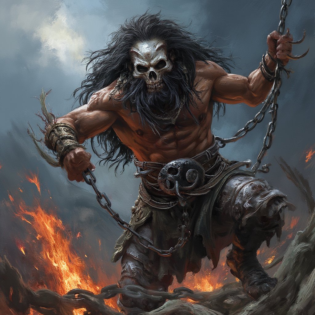 (masterpiece) strong muscle medieval warrior, skull face, long hair, breaking chains, log hair, medieval scene, battlefield scenary, fire and steel, manowar, Manowar style, manowar cover album,ghostrider, conan the Cimmerian, realistic