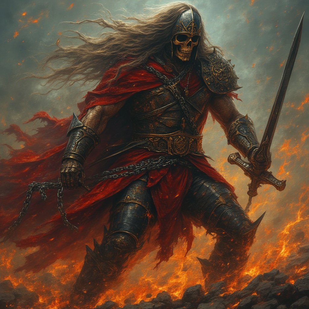 (masterpiece) Full body strong muscle medieval warrior, skull face (Full_body), long hair, breaking chains, log hair, full body, medieval scene, battlefield scenary, fire and steel, manowar, Manowar style, manowar cover album,ghostrider, conan the Cimmerian, realistic