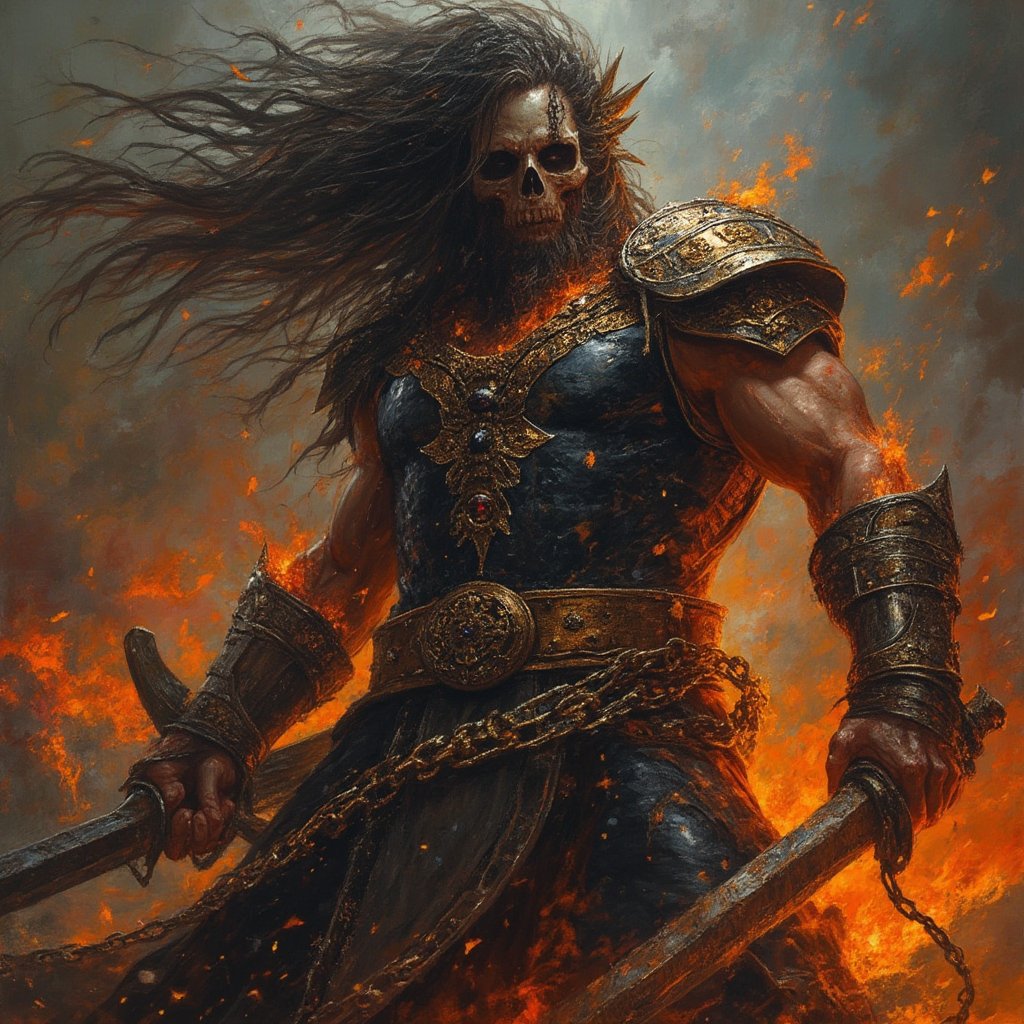 (masterpiece) strong muscle medieval warrior, skull face, long hair, breaking chains, log hair, medieval scene, battlefield scenary, fire and steel, manowar, Manowar style, manowar cover album,ghostrider, conan the Cimmerian, realistic