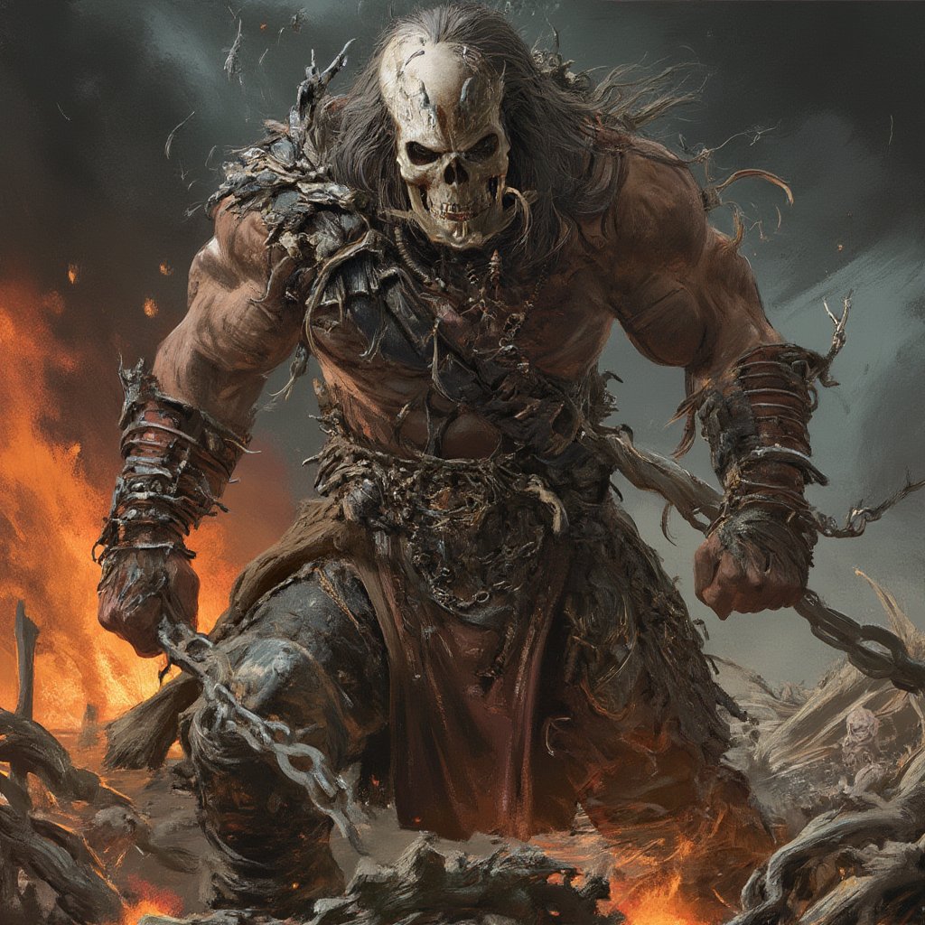 (masterpiece) strong muscle medieval warrior, skull face, long hair, breaking chains, log hair, medieval scene, battlefield scenary, fire and steel, manowar, Manowar style, manowar cover album,ghostrider, conan the Cimmerian, realistic