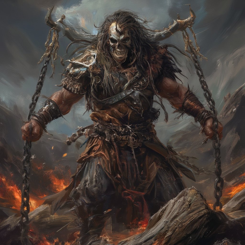 (masterpiece) strong muscle medieval warrior, skull face, long hair, breaking chains, log hair, medieval scene, battlefield scenary, fire and steel, manowar, Manowar style, manowar cover album,ghostrider, conan the Cimmerian, realistic