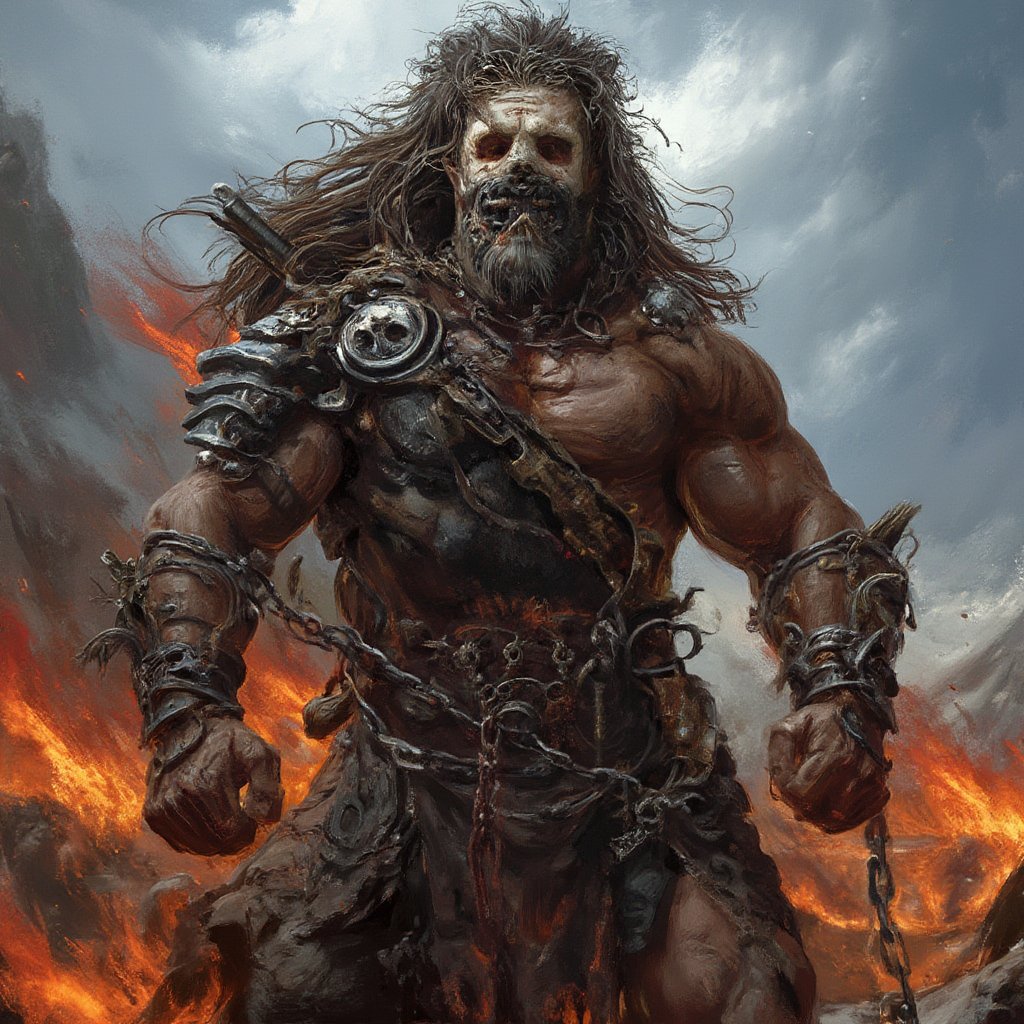 (masterpiece) strong muscle medieval warrior, skull face, long hair, breaking chains, log hair, medieval scene, battlefield scenary, fire and steel, manowar, Manowar style, manowar cover album,ghostrider, conan the Cimmerian, realistic