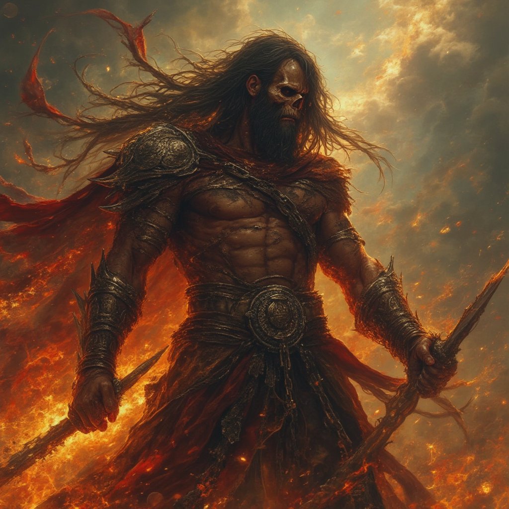 (masterpiece) strong muscle medieval warrior, skull face, long hair, breaking chains, log hair, full body, medieval scene, battlefield scenary, fire and steel, manowar, Manowar style, manowar cover album,ghostrider, conan the Cimmerian, realistic