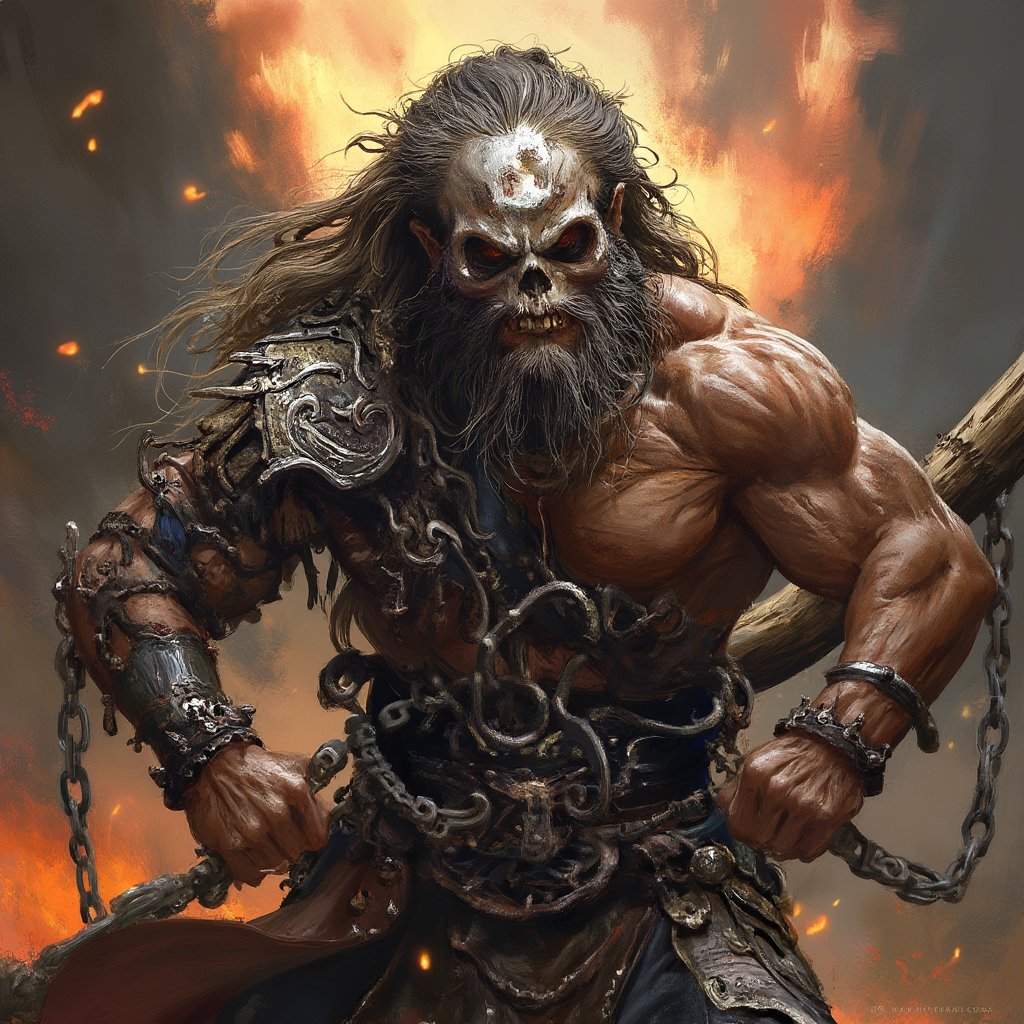 (masterpiece) strong muscle medieval warrior, skull face, long hair, breaking chains, log hair, medieval scene, battlefield scenary, fire and steel, manowar, Manowar style, manowar cover album,ghostrider, conan the Cimmerian, realistic