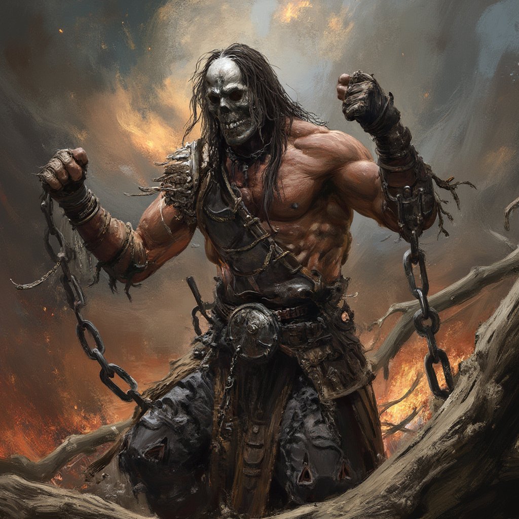 (masterpiece) strong muscle medieval warrior, skull face, long hair, breaking chains, log hair, medieval scene, battlefield scenary, fire and steel, manowar, Manowar style, manowar cover album,ghostrider, conan the Cimmerian, realistic