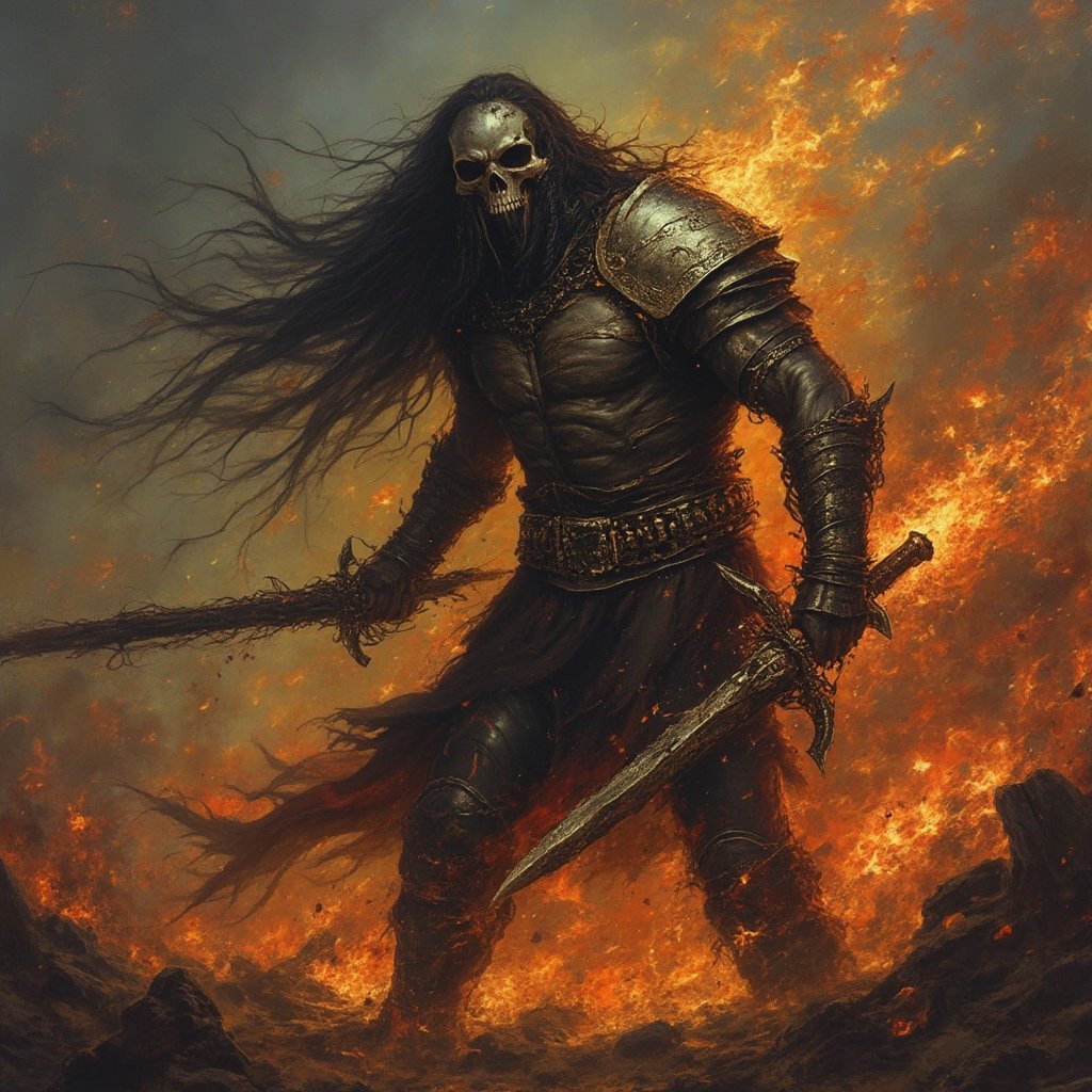 (masterpiece) Full body strong muscle medieval warrior, skull face (Full_body), long hair, breaking chains, log hair, full body, medieval scene, battlefield scenary, fire and steel, manowar, Manowar style, manowar cover album,ghostrider, conan the Cimmerian, realistic