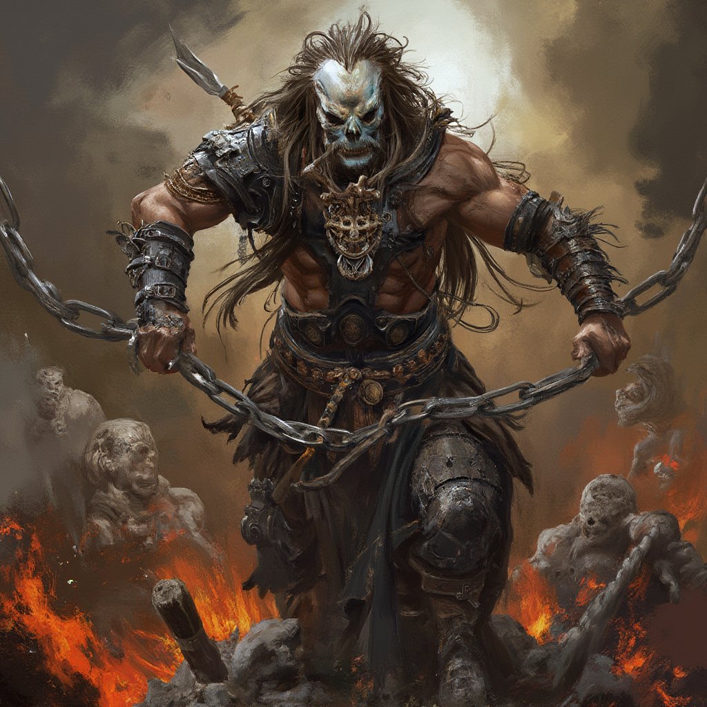 (masterpiece) strong muscle medieval warrior, skull face, long hair, breaking chains, log hair, medieval scene, battlefield scenary, fire and steel, manowar, Manowar style, manowar cover album,ghostrider, conan the Cimmerian, realistic