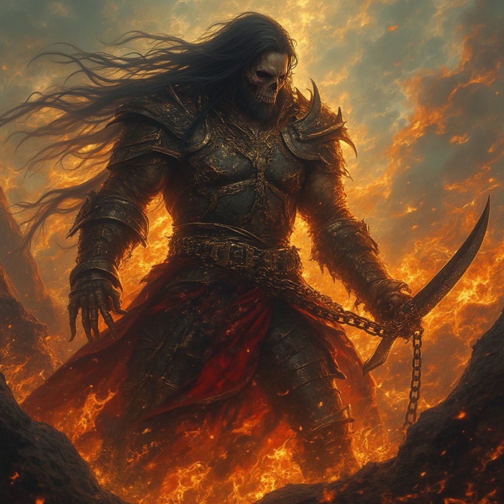 (masterpiece) Full body strong muscle medieval warrior, skull face (Full_body), long hair, breaking chains, log hair, full body, medieval scene, battlefield scenary, fire and steel, manowar, Manowar style, manowar cover album,ghostrider, conan the Cimmerian, realistic