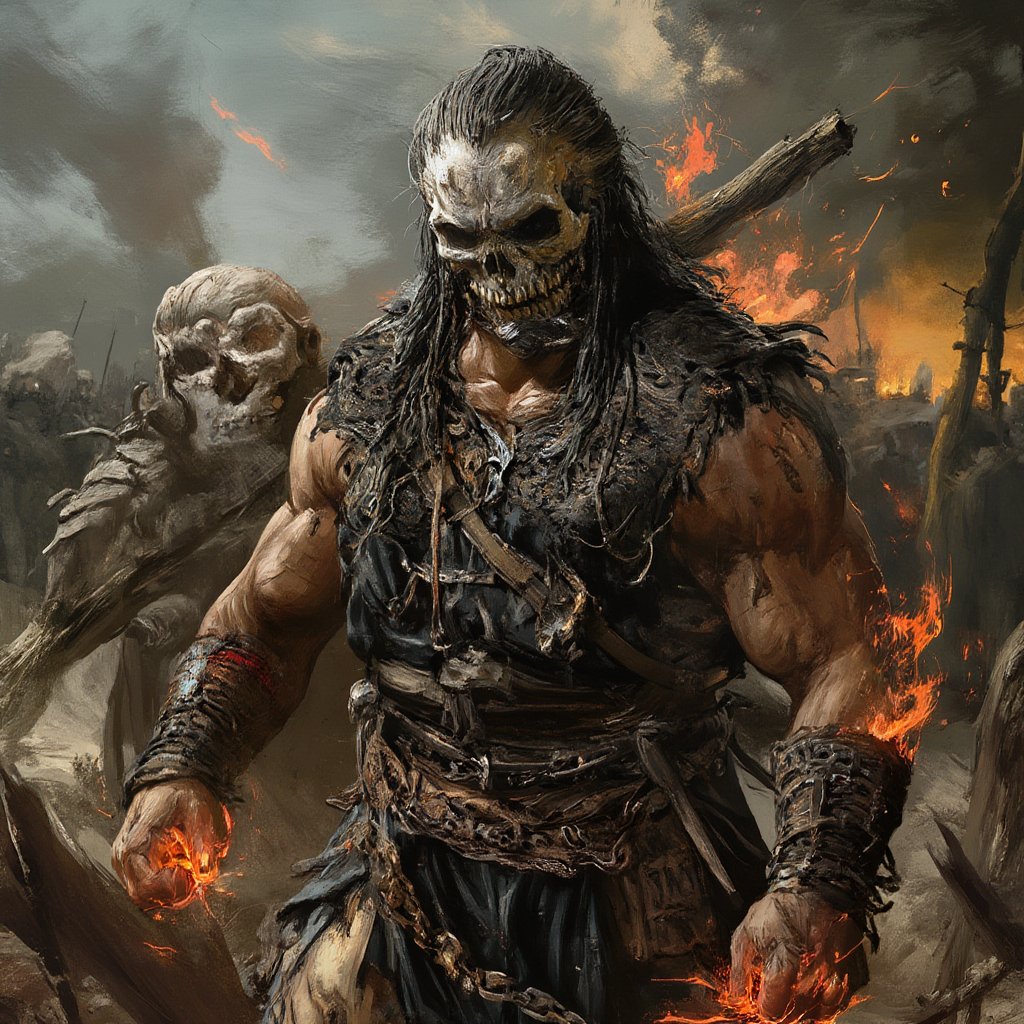 (masterpiece) strong muscle medieval warrior, skull face, long hair, breaking chains, log hair, medieval scene, battlefield scenary, fire and steel, manowar, Manowar style, manowar cover album,ghostrider, conan the Cimmerian, realistic