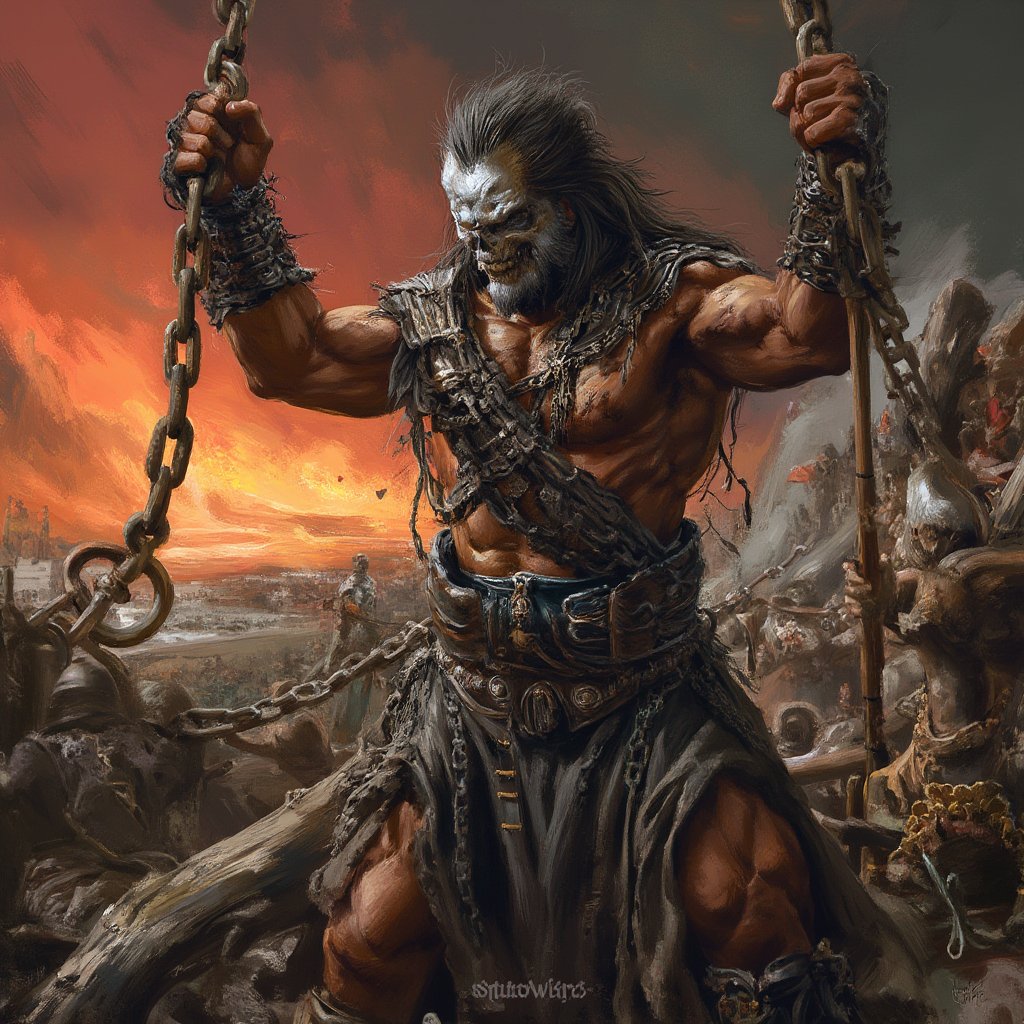 (masterpiece) strong muscle medieval warrior, skull face, long hair, breaking chains, log hair, medieval scene, battlefield scenary, fire and steel, manowar, Manowar style, manowar cover album,ghostrider, conan the Cimmerian, realistic