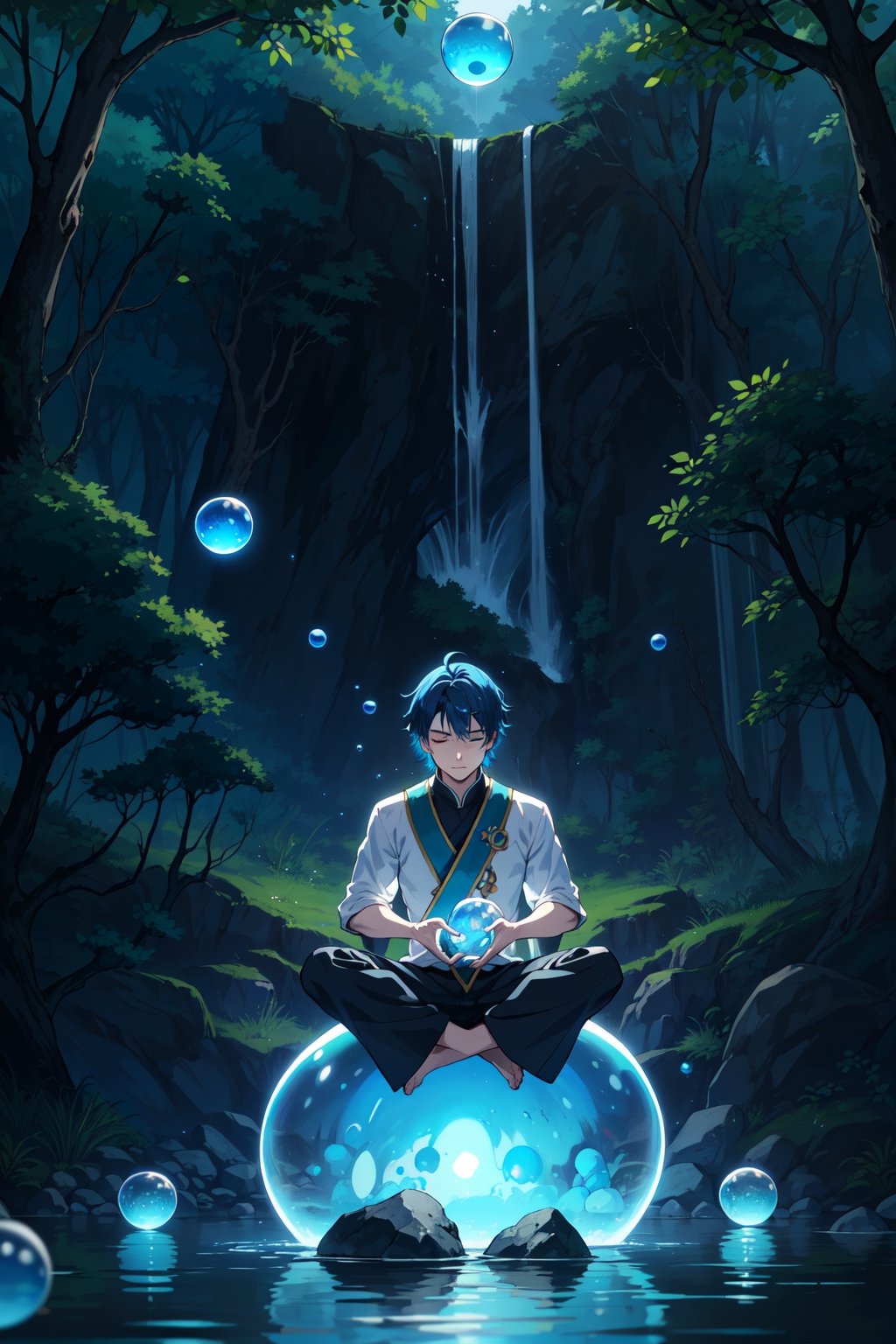 2d, masterpiece, best quality, anime, highly detailed face, highly detailed background, perfect lighting, young boy, solo, Sitting on a stone, surrounded by water, in a lake, meditating, eyes closed, blue hair, meditation pose, (transparent water spheres floating around:1.3), blue warrior clothes with black, background waterfall, nature, forest