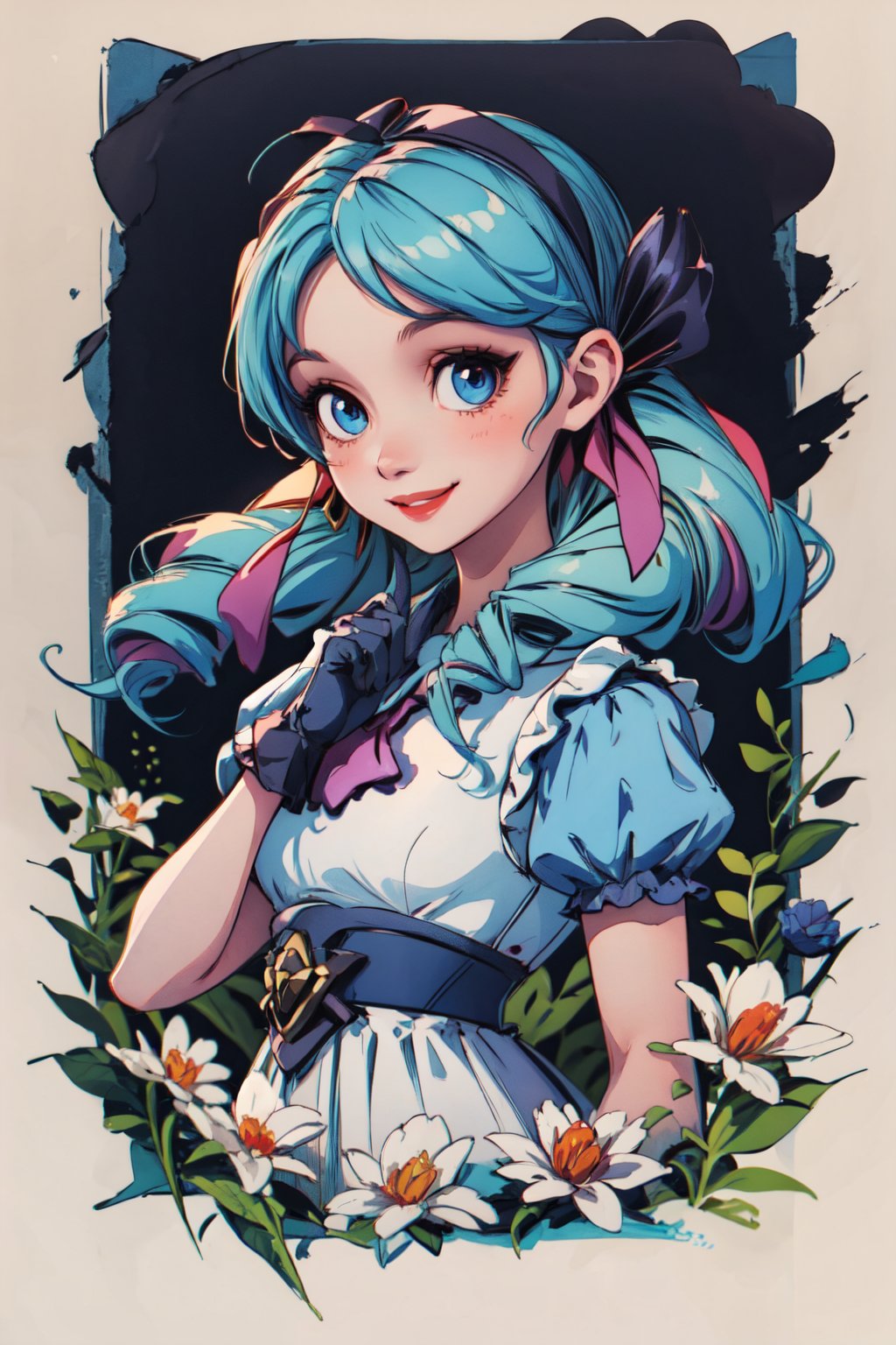 high quality, masterpiece,Portrait,girl, solo, look viewer, standing, smiling, black gloves, blue hair, (drills hair:1), dress, wonderland background,alicewonderladwaifu,AliceWonderlandWaifu