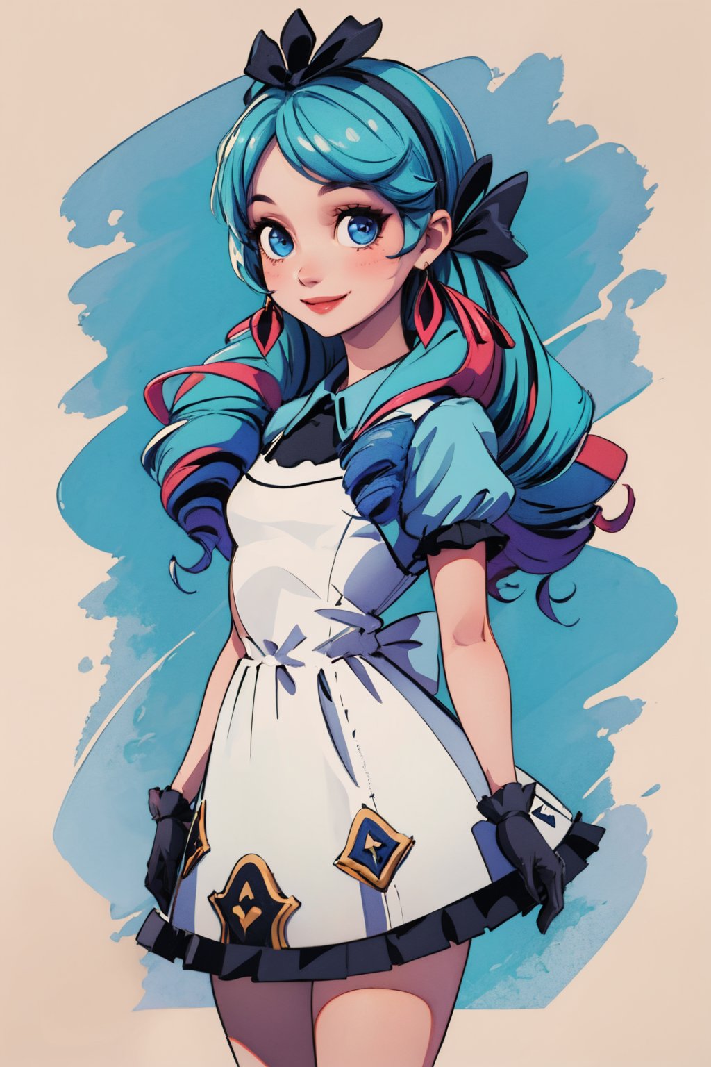 high quality, masterpiece,Portrait,girl, solo, look viewer, standing, smiling, black gloves, blue hair, (twin drills:1), dress, wonderland background,alicewonderladwaifu,AliceWonderlandWaifu