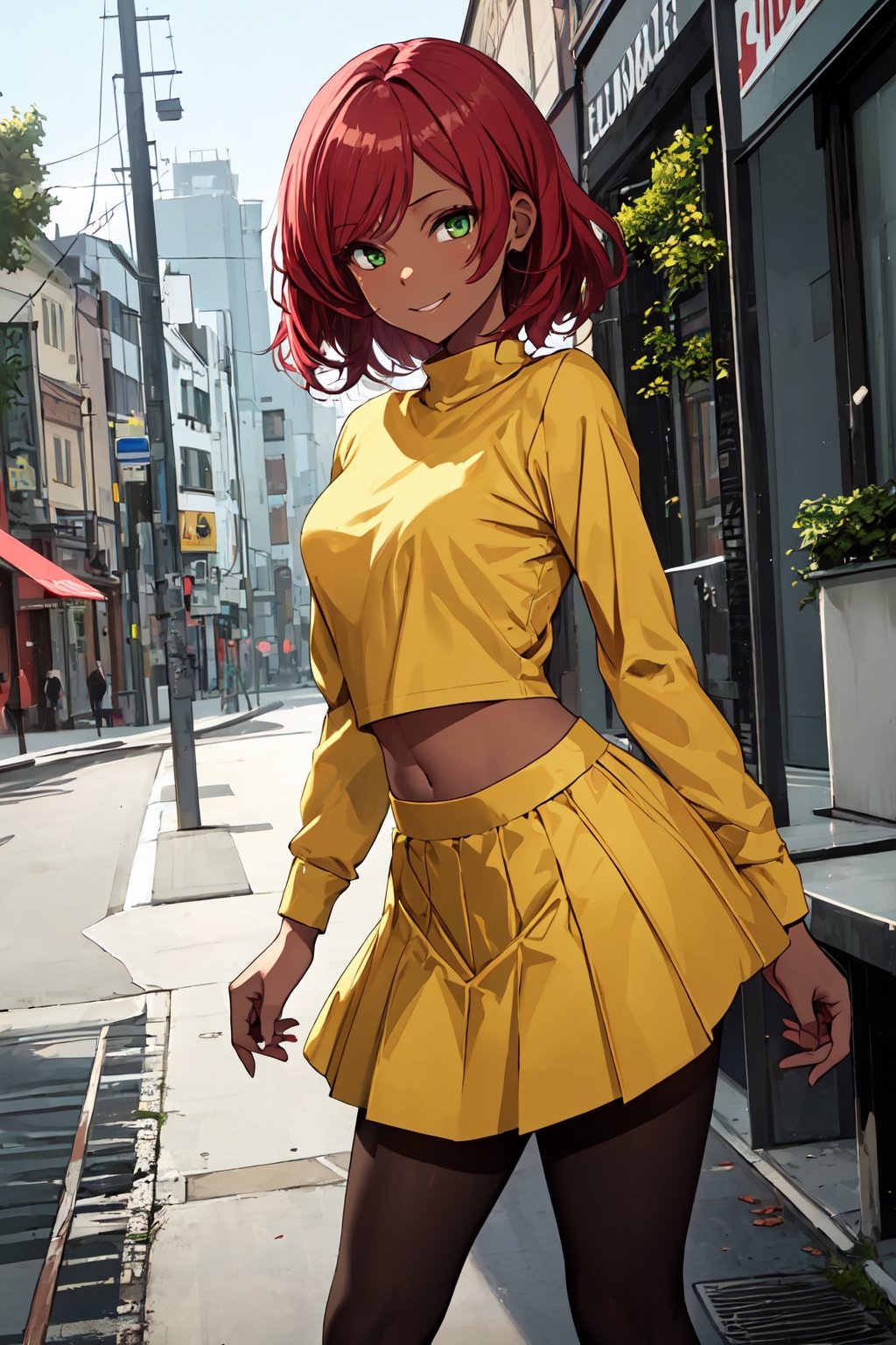 High quality, masterpiece, ultra detailed, girl, alone, standing, red hair, looking at viewer, flirty gaze, long short hair, green eyes, smiling, dark skin, bare midriff, long-sleeved yellow shirt, (short yellow skirt), pantyhose black, drizzle urban city