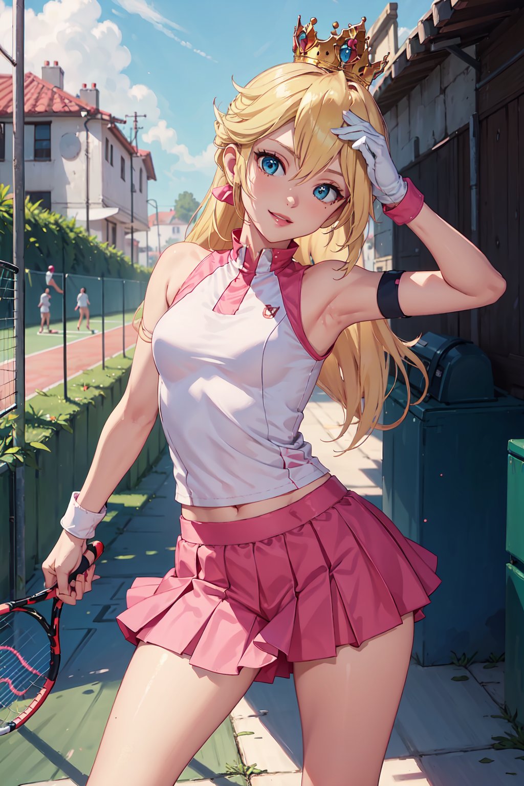 photography,masterpiece,4k,20 years old,Beautiful eyes, detailed eyes, natural smile,blonde hair, ponytail hairstyle, looking at viewer, (medium small breasts: 1.5), (white shirt with pink tennis style: 1.5), (Sleeveless: 1.5),(pink short skirt: 1.5), crown, stading, tennis shoes, complex backgroud, 