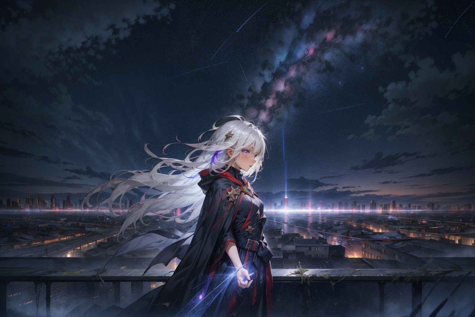 1girl, masterpiece,  best quality, long hair, white hair, purple eyes, abandoned modern city,  center, fantasy colorful, starry sky, night sky, glowing effect, facing viewer,  cloak, female_solo, solo_focus, dress, 
