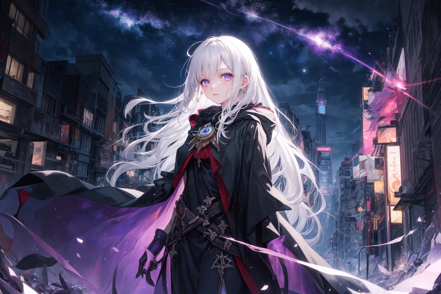 1girl, masterpiece,  best quality, long hair, white hair, purple eyes, abandoned modern city,  center, fantasy colorful, starry sky, night sky, glowing effect, facing viewer,  cloak, female_solo, solo_focus, dress, 
