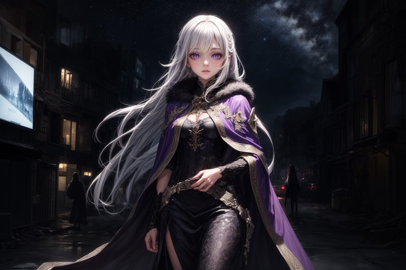 1girl, masterpiece,  best quality, long hair, white hair, purple eyes, abandoned modern city,  center, fantasy colorful, starry sky, night sky, glowing effect, facing viewer,  cloak, female_solo, solo_focus, dress, 
