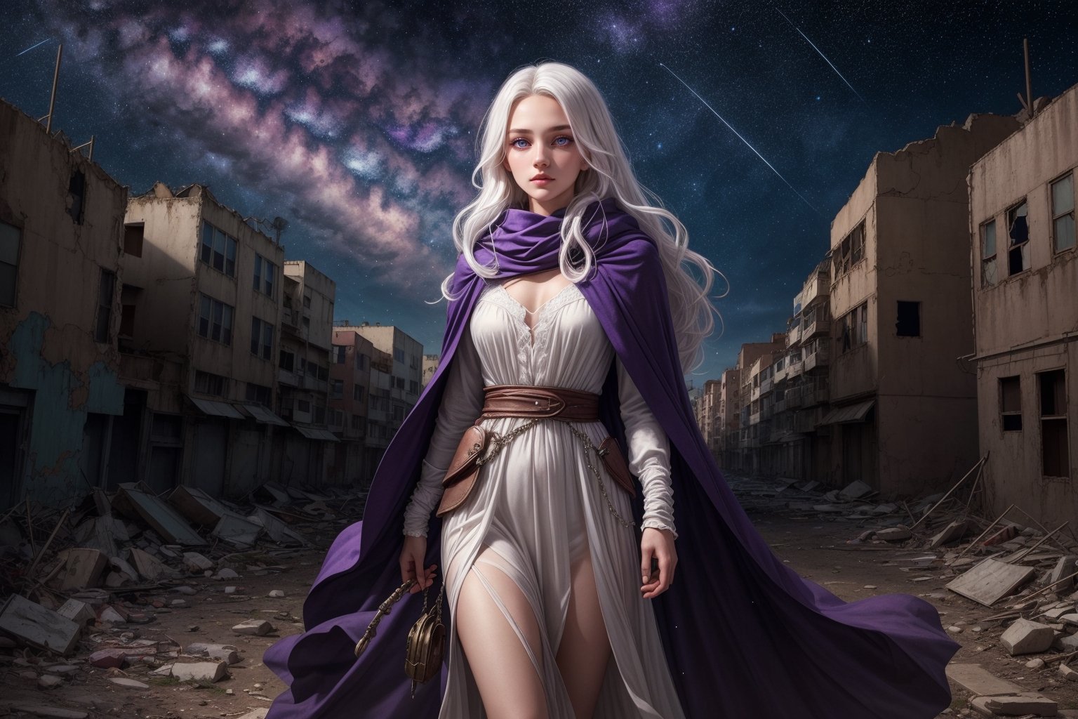 1girl, masterpiece,  best quality, long hair, white hair, purple eyes, abandoned modern city,  center, fantasy colorful, starry sky, night sky, glowing effect, facing viewer,  cloak, female_solo, solo_focus, dress, 
