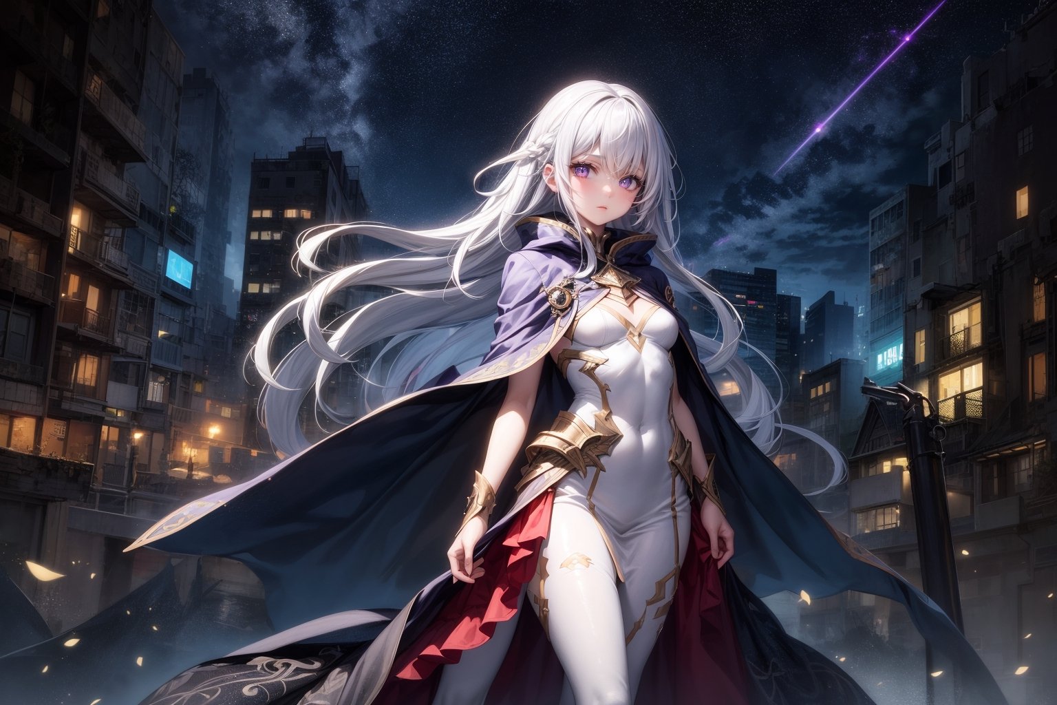 1girl, masterpiece,  best quality, long hair, white hair, purple eyes, abandoned modern city,  center, fantasy colorful, starry sky, night sky, glowing effect, facing viewer,  cloak, female_solo, solo_focus, dress, 
