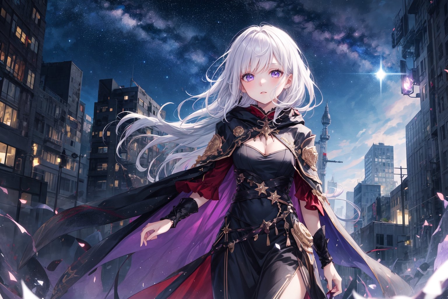 1girl,  masterpiece,  best quality,  long hair,  white hair,  purple eyes,  abandoned modern city,  center,  fantasy colorful,  starry sky,  night sky,  glowing effect,  facing viewer,  cloak,  female_solo,  solo_focus,  dress,  
, 
