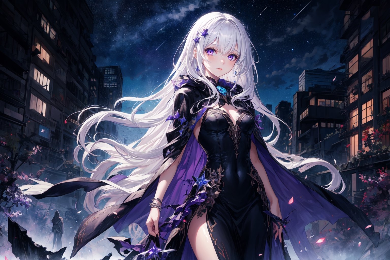 1girl, masterpiece,  best quality, long hair, white hair, purple eyes, abandoned modern city,  center, fantasy colorful, starry sky, night sky, glowing effect, facing viewer,  cloak, female_solo, solo_focus, dress, 
