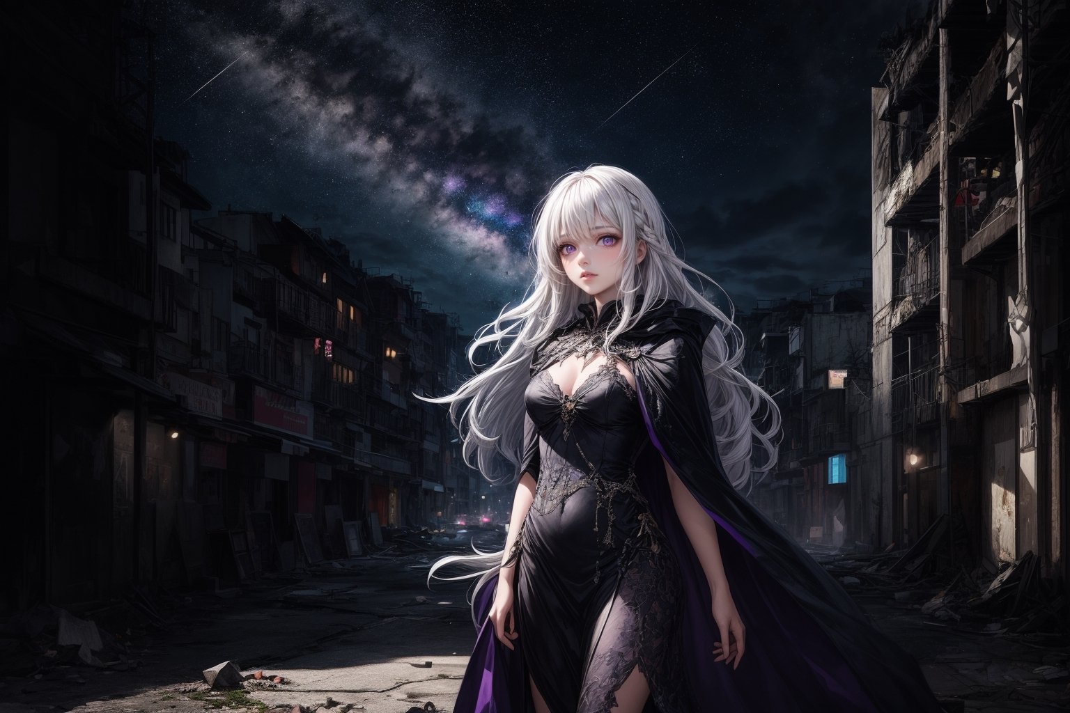 1girl, masterpiece,  best quality, long hair, white hair, purple eyes, abandoned modern city,  center, fantasy colorful, starry sky, night sky, glowing effect, facing viewer,  cloak, female_solo, solo_focus, dress, 
