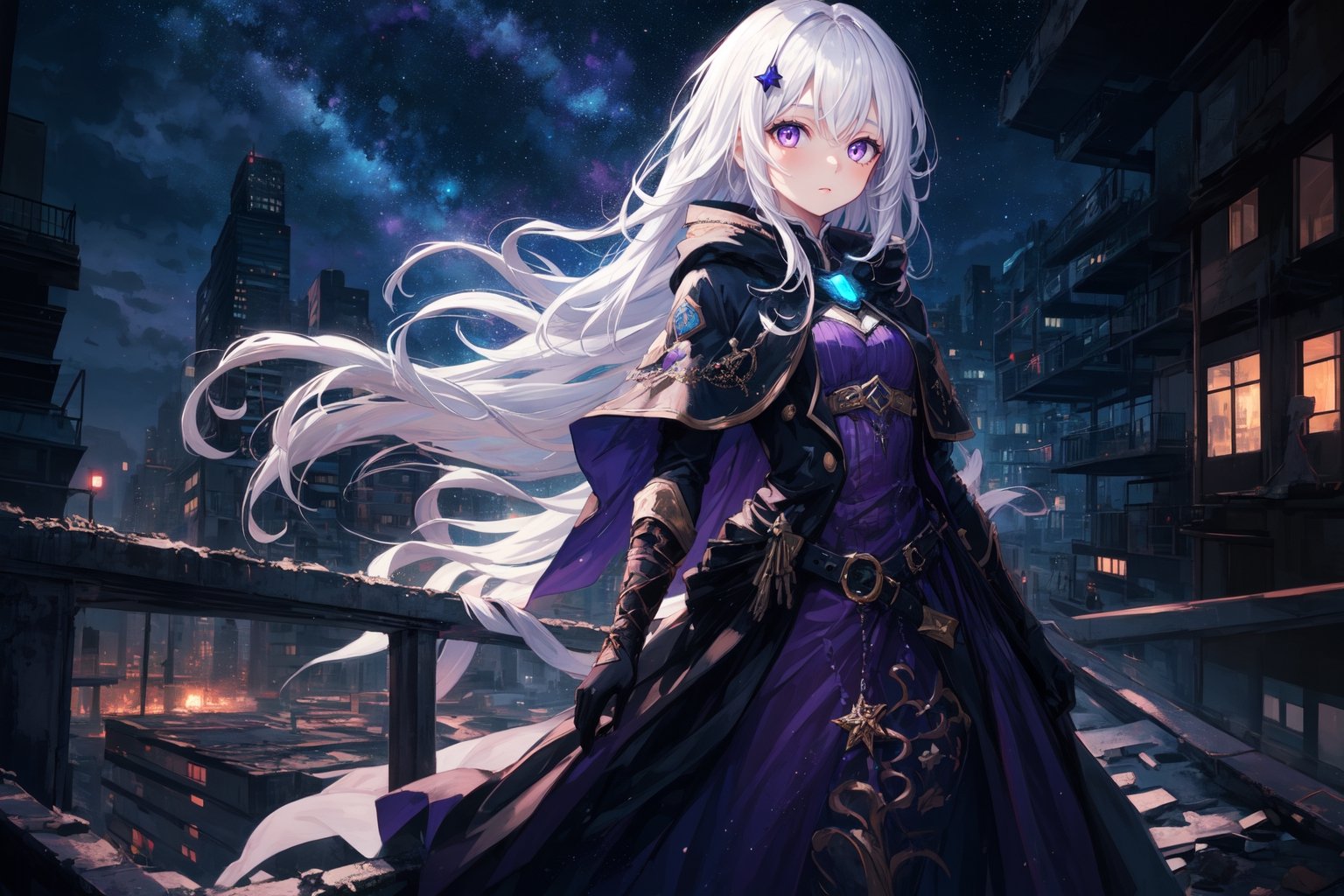 1girl, masterpiece,  best quality, long hair, white hair, purple eyes, abandoned modern city,  center, fantasy colorful, starry sky, night sky, glowing effect, facing viewer,  cloak, female_solo, solo_focus, dress, 
