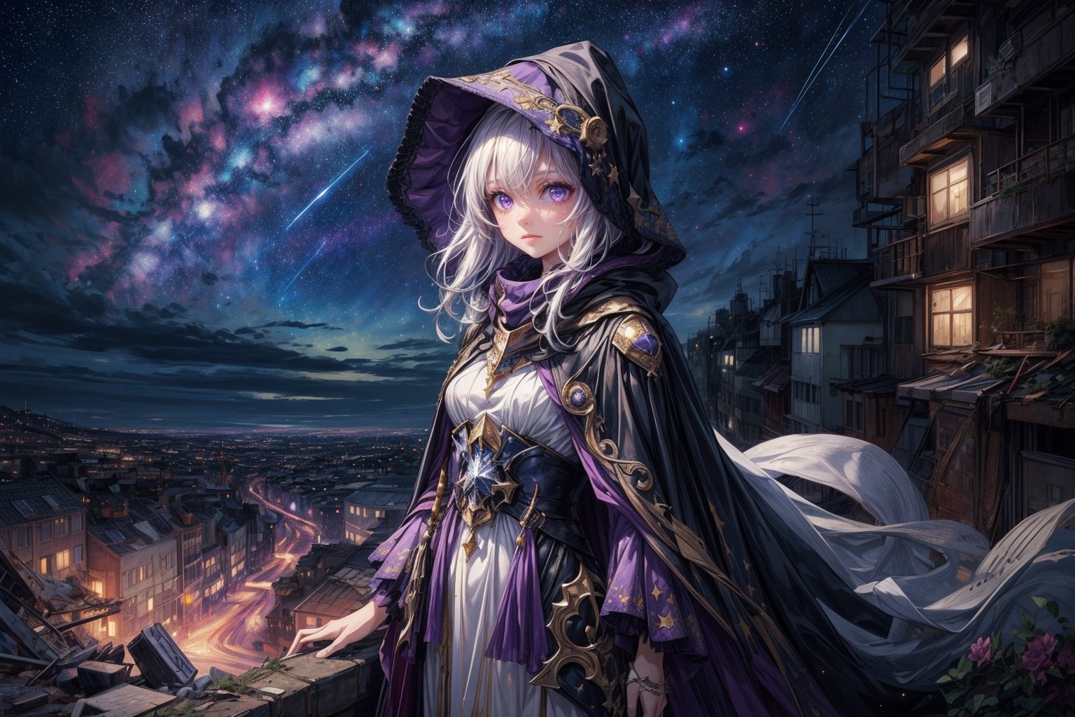 1girl, masterpiece,  best quality, long hair, white hair, purple eyes, abandoned modern city,  center, fantasy colorful, starry sky, night sky, glowing effect, facing viewer,  cloak, female_solo, solo_focus, dress, 
