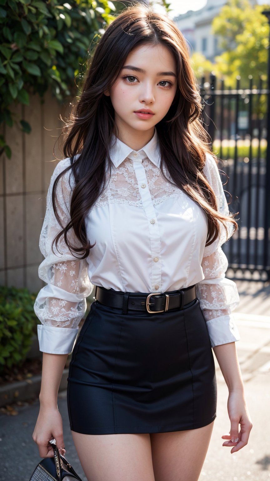 high school student,girl,school uniform(laced blouse and suit),at school gate,Best Quality, 32k, photorealistic, ultra-detailed, finely detailed, high resolution, perfect dynamic composition, beautiful detailed eyes, sharp-focus, cowboy_shot, 