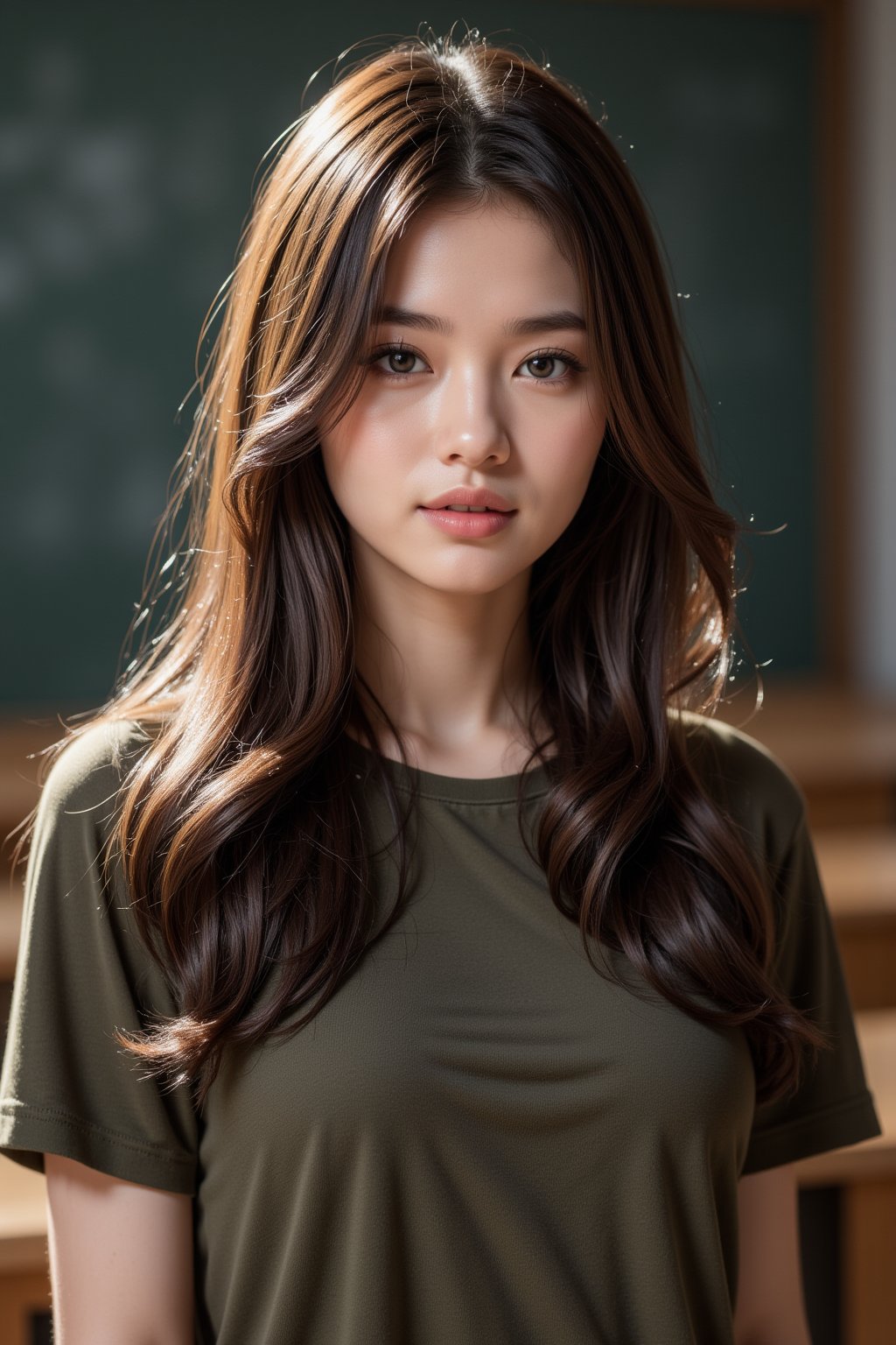 beautiful 18-year-old student girl with alluring eyes on classroom, cute pose, super model, cinematic shot in the style of denis villeneuve, (looking at viewer), masterpiece

