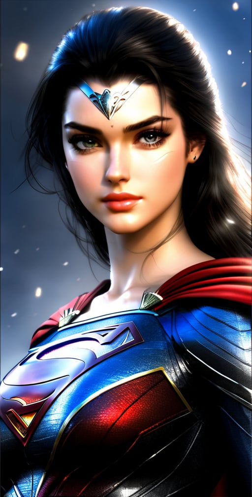 mesmerizing CryEngine masterpiece digital art in the style of Luis Royo, masterpiece featuring a captivating beauty
character design sheet,(Realistic), (masterpiece 1.2), (Ultra HDR quality), (photorealism), (perfect face), (perfect body), superman, henry cavill, red blue black glowing body suit, cape, , 
