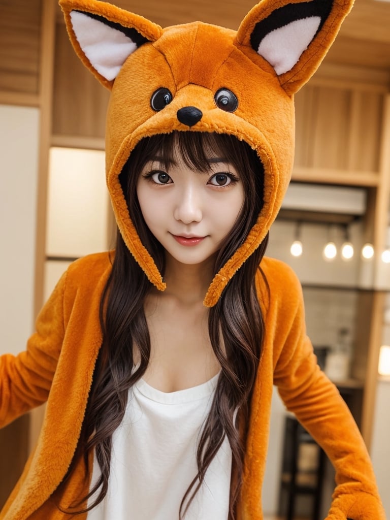 1girl, japanese, adult, indoors, colorful, cute fox costume, ultra realistic, best quality, ultra detailed, gorgeous woman, upper body, closeup