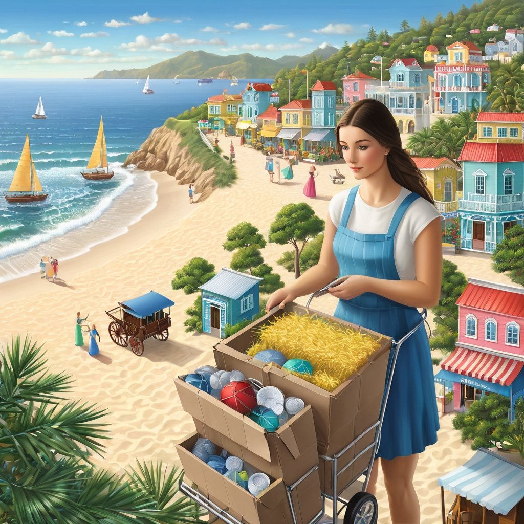  300 foot tall   zoom out, gorgeous, beautiful woman unpacking things in the miniature coastal town, beautiful colors, tiny people, carts, horses, trees, , trending on artstation,  studio shot, fase detailed, intricate detail, highly detailed, by Amanda Clark