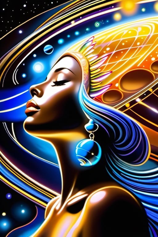 close-up,, Visualize a breathtaking scene: the Sun herself transformed into a stunning, radiant woman, surrounded by the planets of our solar system, from Mercury to Uranus, orbiting her in harmonious dance. Her ethereal form is adorned in bioluminescent splendor, depicted with heavy strokes and neon paint drips. This extraordinary artwork is meticulously crafted with sharp focus and digital detail by Mr. Muz, reminiscent of the precision found in Miki Asai's macro photography.

This cosmic masterpiece, a close-up and hyper-detailed portrayal, trends on Artstation, celebrating the expertise of artists like Greg Rutkowski. The woman's bioluminescent skin and silk gown cast an otherworldly glow, creating a scene that pays tribute to the celestial wonders of our solar system.