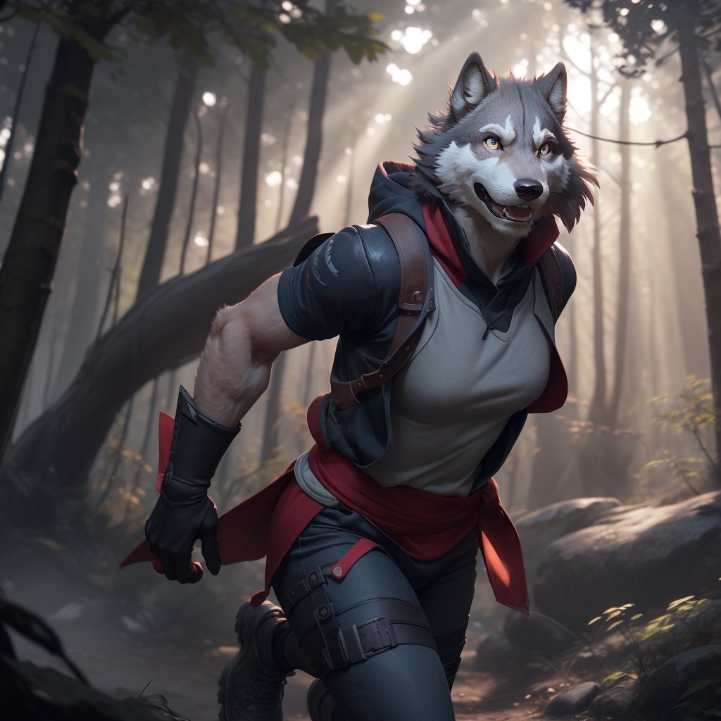 Ashen, anthropomorphic human female,  japanese,   wolf running at the forest, dust, gorgeous body, stunning face, perfect eyes, concept art, diffused lighting, specular lighting, god rays, wide-angle