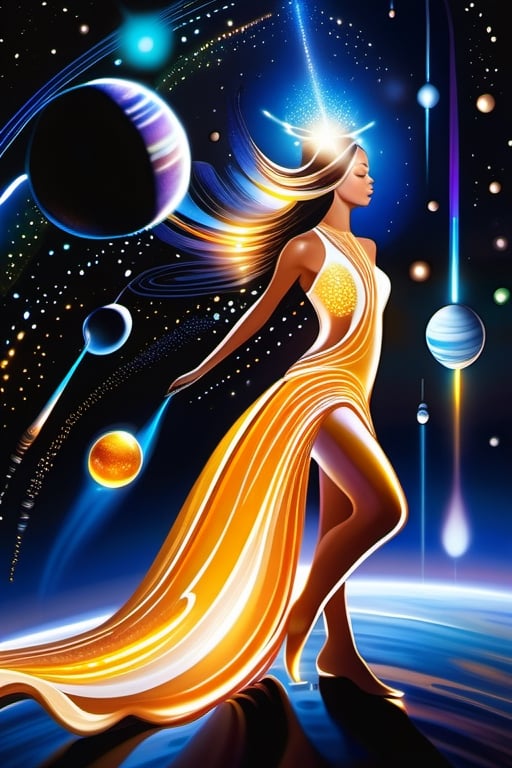 close-up,, Visualize a breathtaking scene: the Sun herself transformed into a stunning, radiant woman, surrounded by the planets of our solar system, from Mercury to Uranus, orbiting her in harmonious dance. Her ethereal form is adorned in bioluminescent splendor, depicted with heavy strokes and neon paint drips. This extraordinary artwork is meticulously crafted with sharp focus and digital detail by Mr. Muz, reminiscent of the precision found in Miki Asai's macro photography.

This cosmic masterpiece, a close-up and hyper-detailed portrayal, trends on Artstation, celebrating the expertise of artists like Greg Rutkowski. The woman's bioluminescent skin and silk gown cast an otherworldly glow, creating a scene that pays tribute to the celestial wonders of our solar system.