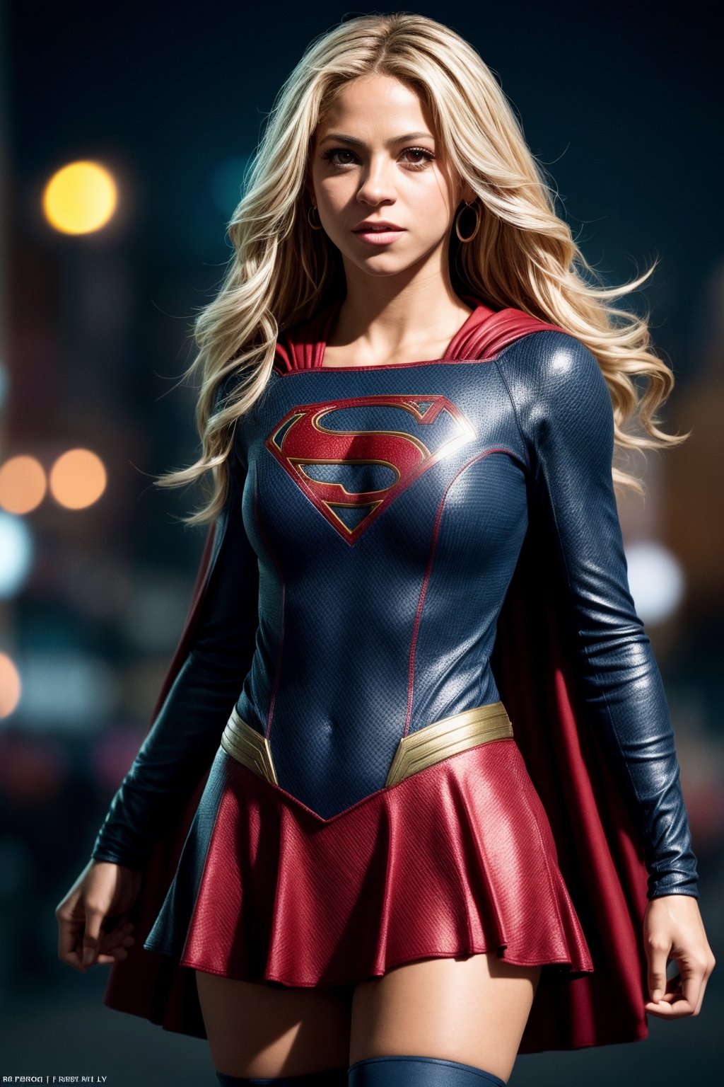 supergirl, costume, hero, skirt, cape red, hair blonde (RAW Photo, cg unity, photography, ultra realistic details, sharp focus, detailed skin,4k, high-res, masterpiece, best quality:1.1), (realistic, photo-realistic:1.37) (8k,4k, UHD, high resolution, professional, cinematic, movie, dramatic, noise), (detailed background:1.25), bokeh anamorphic depth of field blur background,Shakira 