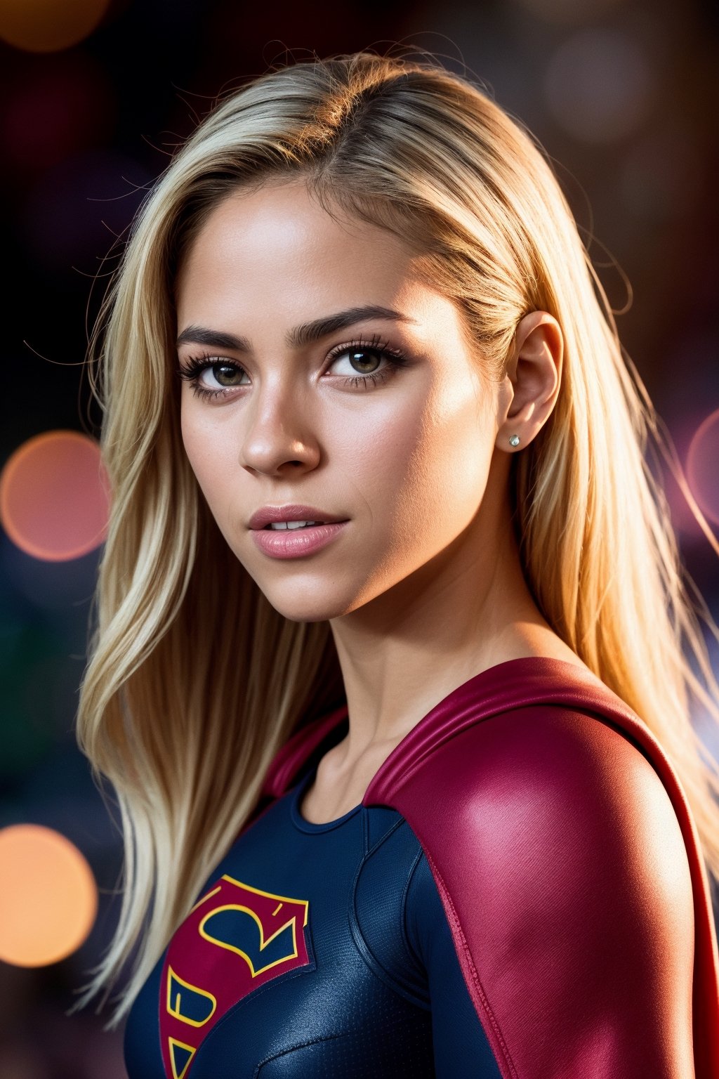 supergirl, costume, hero, skirt, cape red, hair blonde (RAW Photo, cg unity, photography, ultra realistic details, sharp focus, detailed skin,4k, high-res, masterpiece, best quality:1.1), (realistic, photo-realistic:1.37) (8k,4k, UHD, high resolution, professional, cinematic, movie, dramatic, noise), (detailed background:1.25), bokeh anamorphic depth of field blur background,Shakira 